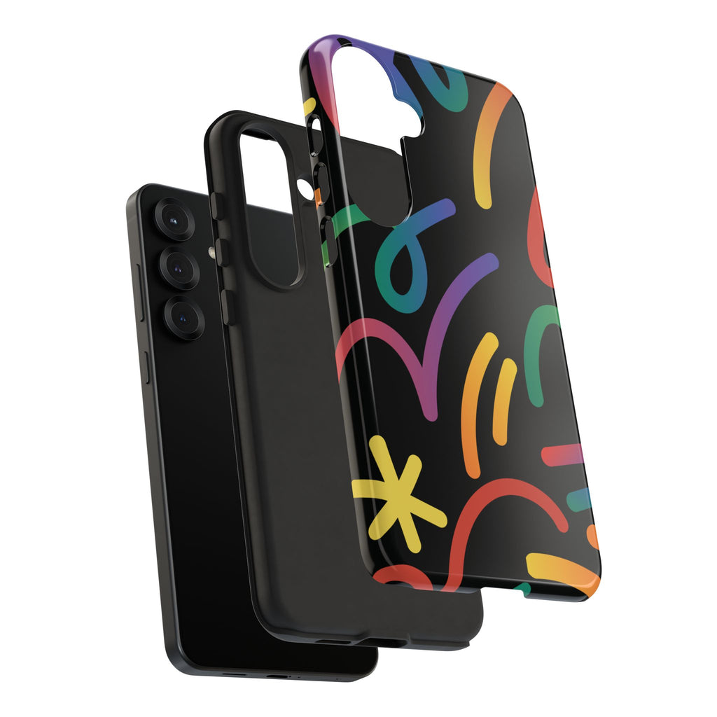 Colorful Doodle Tough Phone Case — Black Background Protective Cover