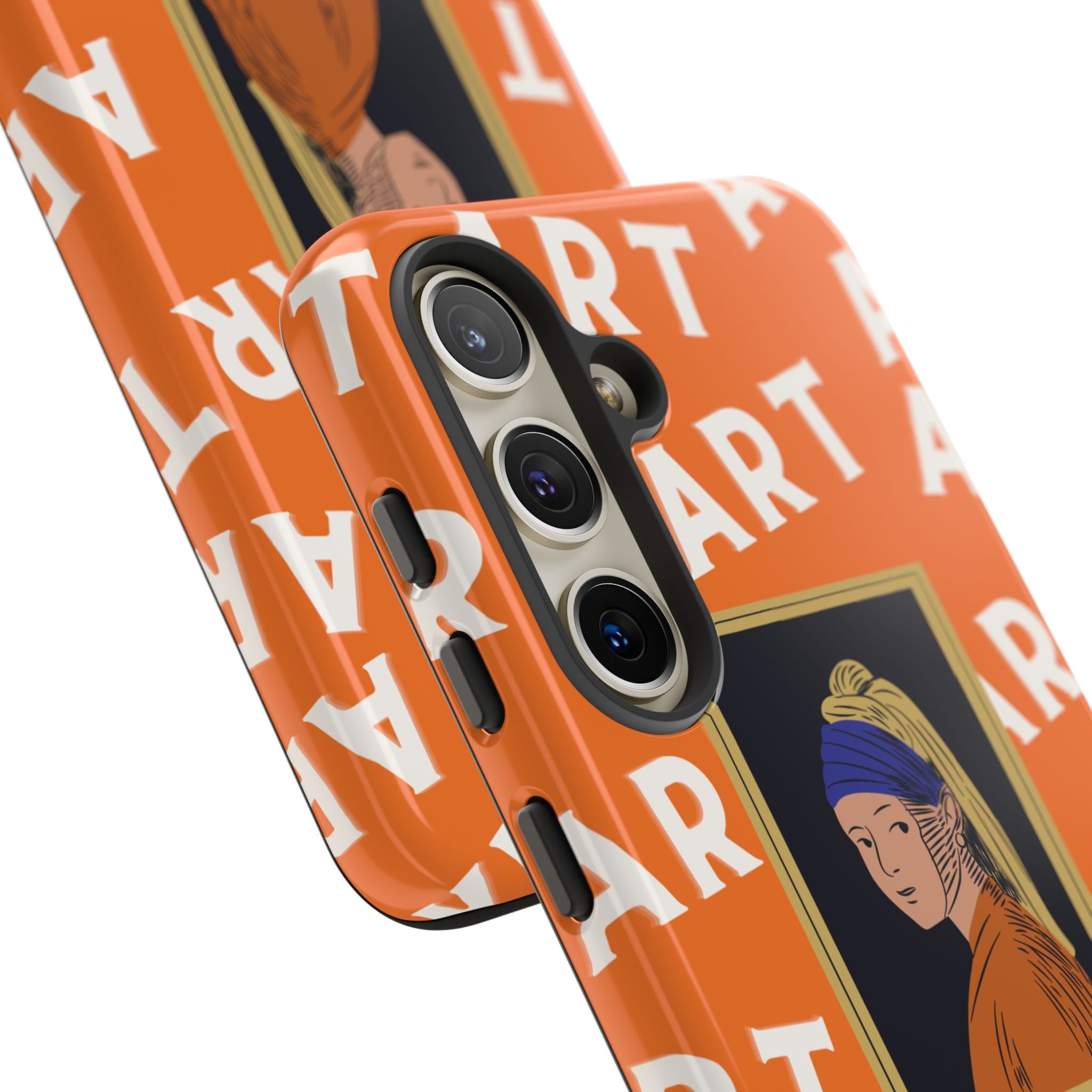 Bold Orange "ART" Pattern with Framed Girl with Pearl Earring Illustration