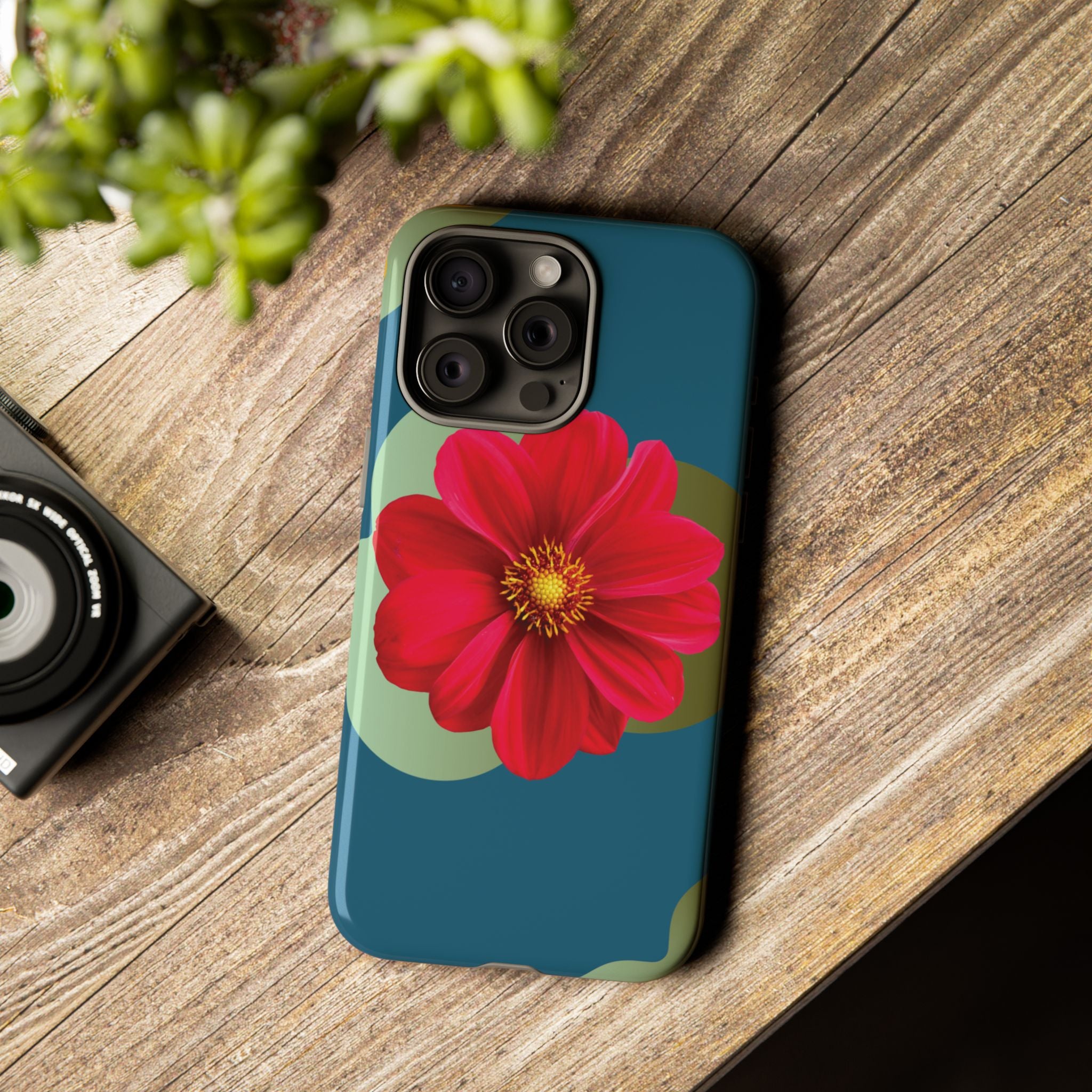 Floral Burst Tough Phone Case — Red Flower on Teal Protective Cover