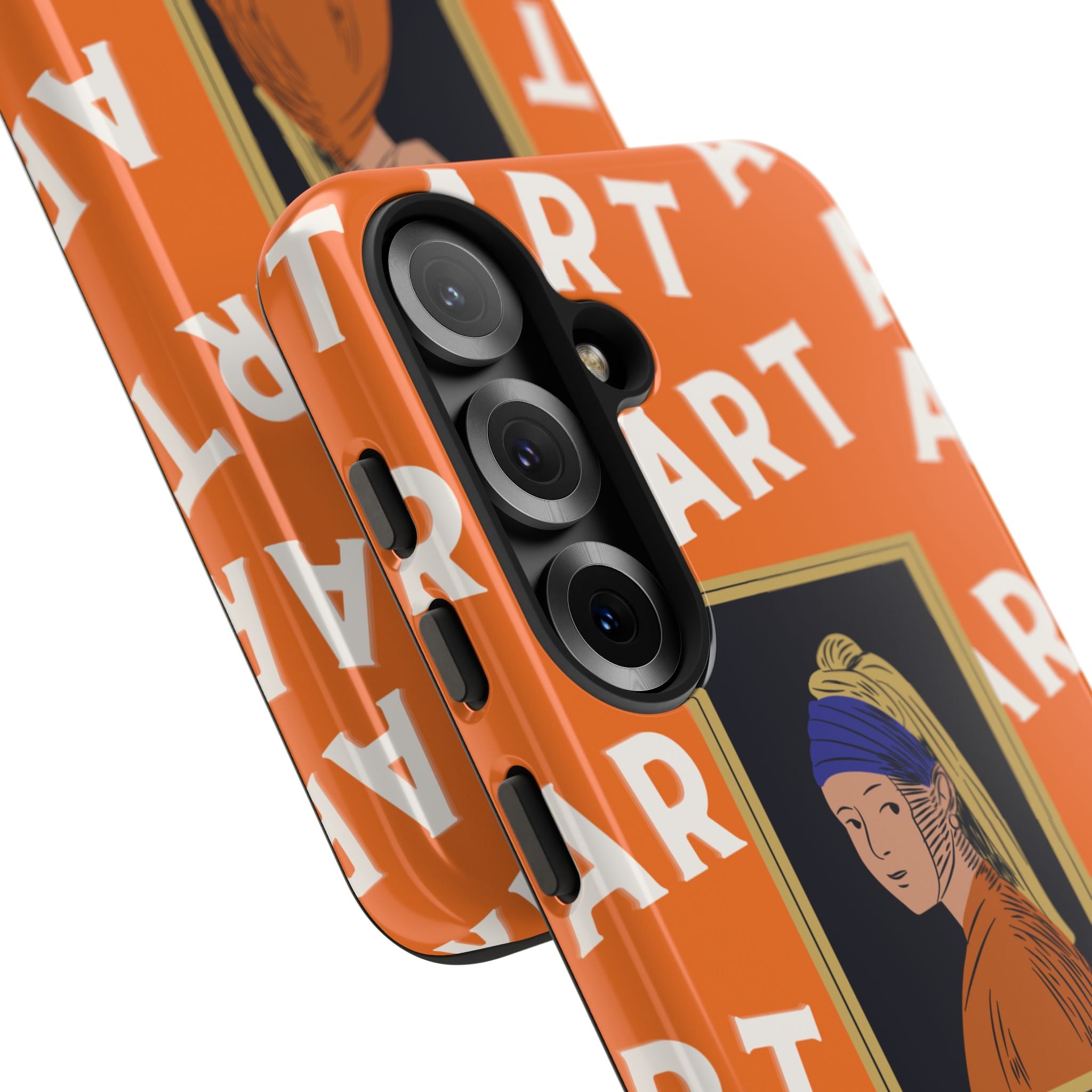 Bold Orange "ART" Pattern with Framed Girl with Pearl Earring Illustration