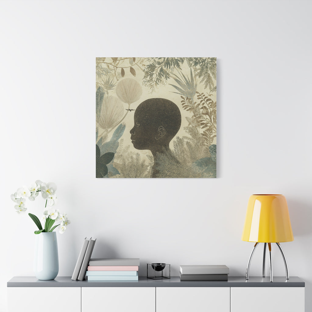 Matte Canvas Art – Silhouette Child in Botanical Dream (Stretched)