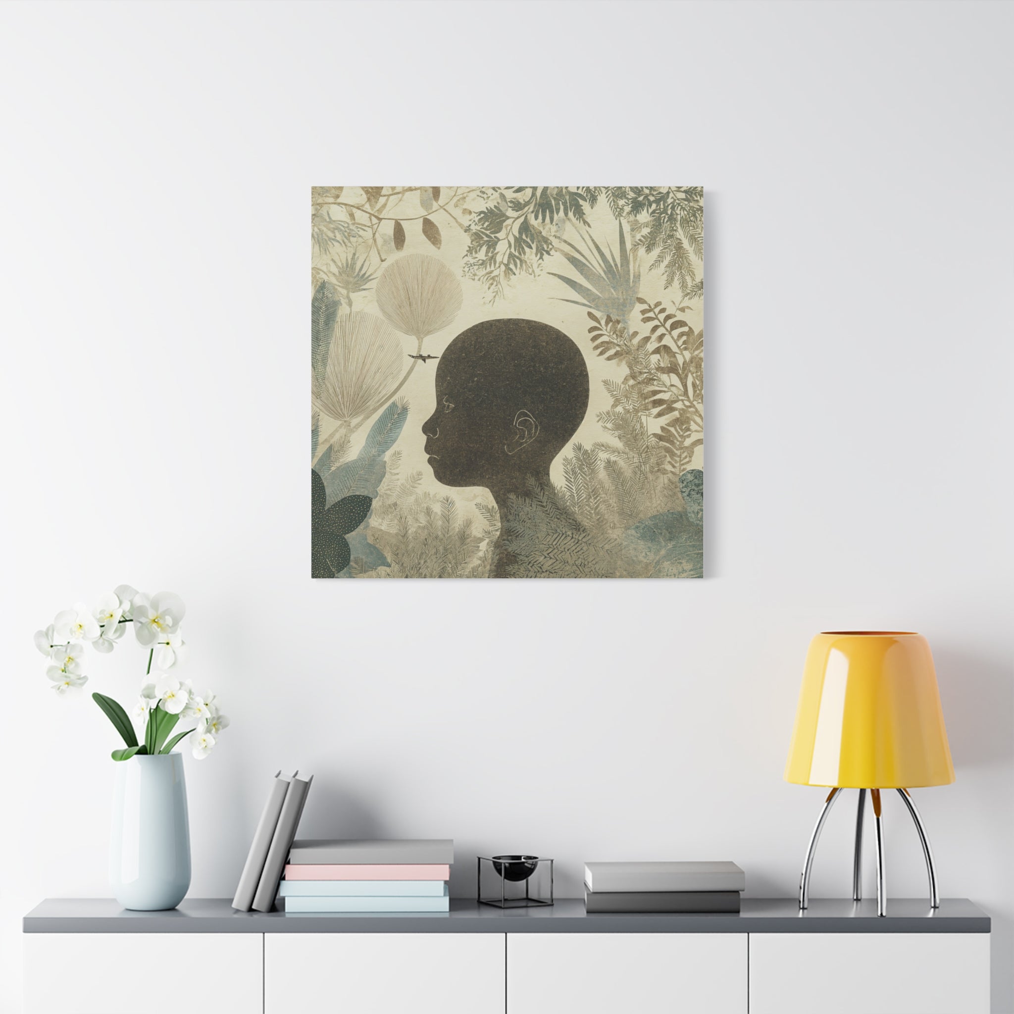 Matte Canvas Art – Silhouette Child in Botanical Dream (Stretched)