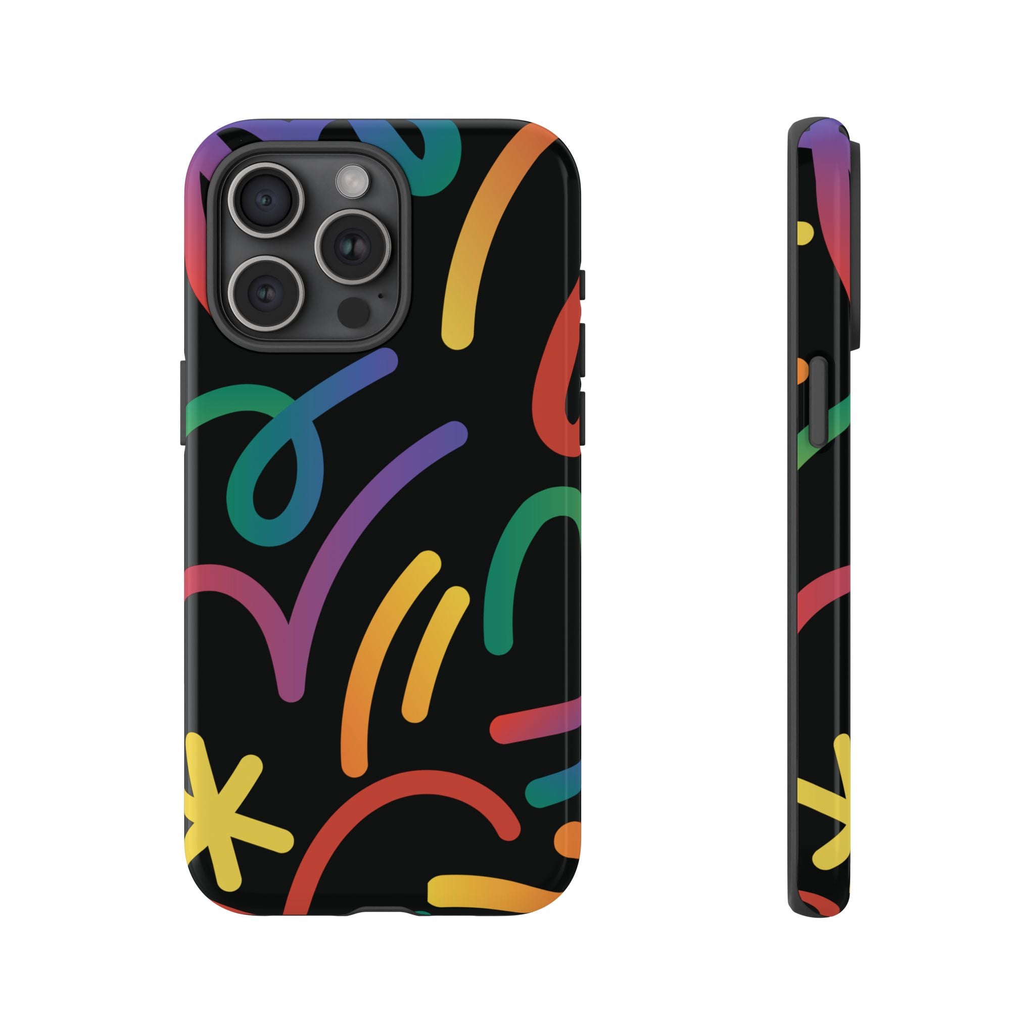 Colorful Doodle Tough Phone Case — Black Background Protective Cover