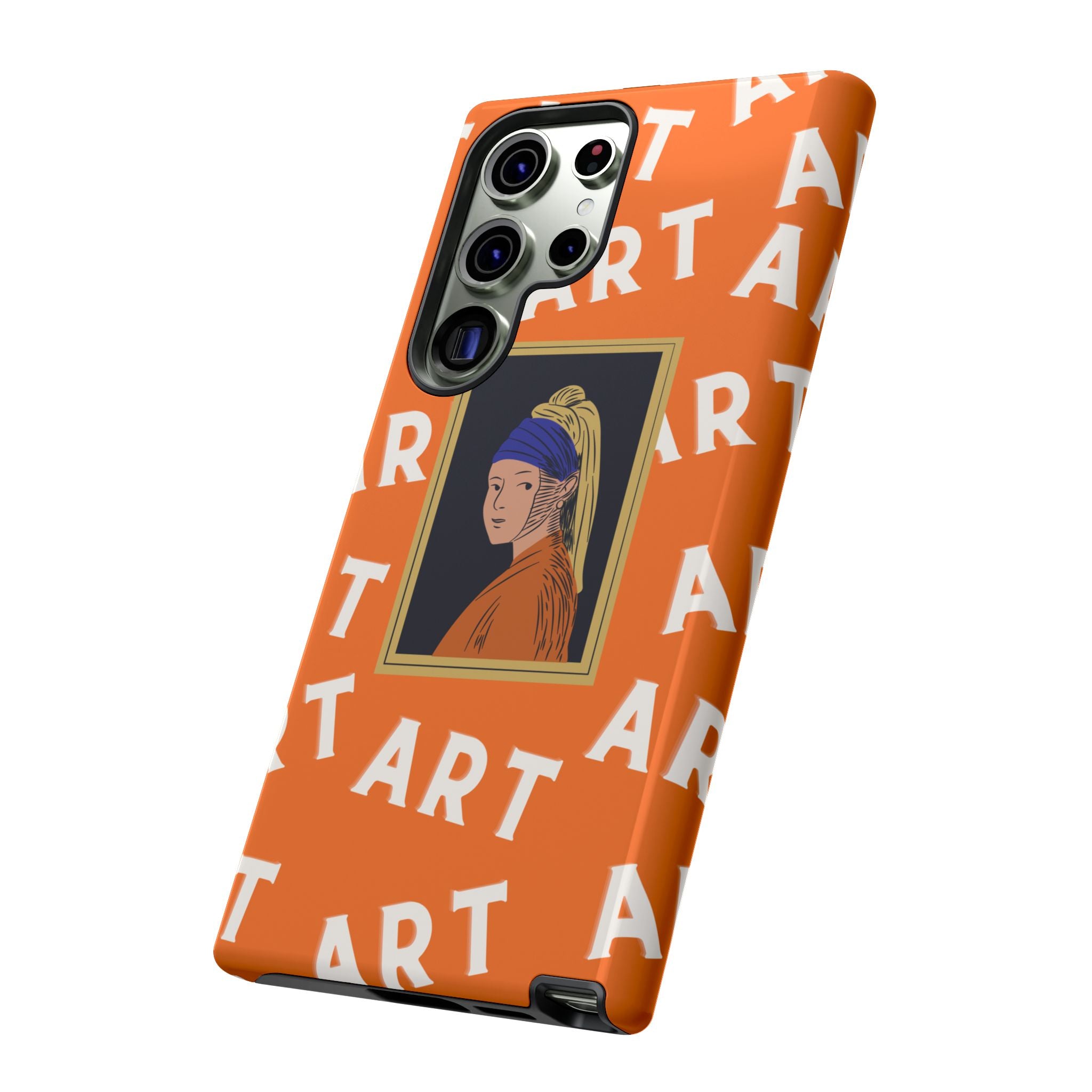 Bold Orange "ART" Pattern with Framed Girl with Pearl Earring Illustration