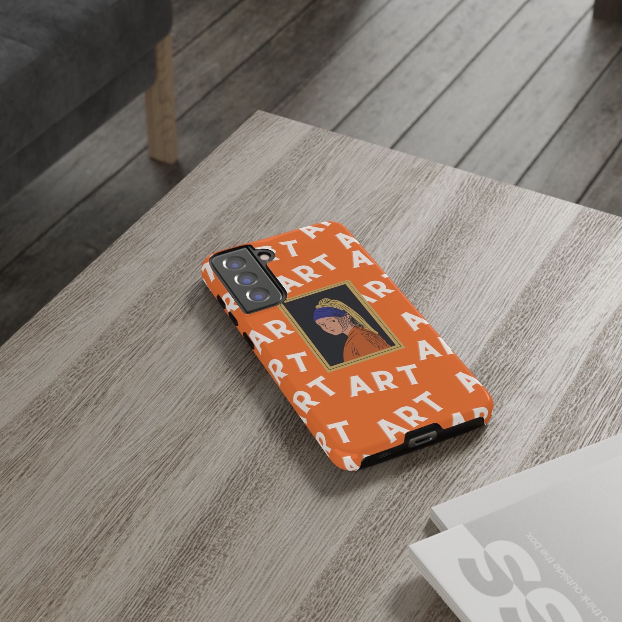 Bold Orange "ART" Pattern with Framed Girl with Pearl Earring Illustration
