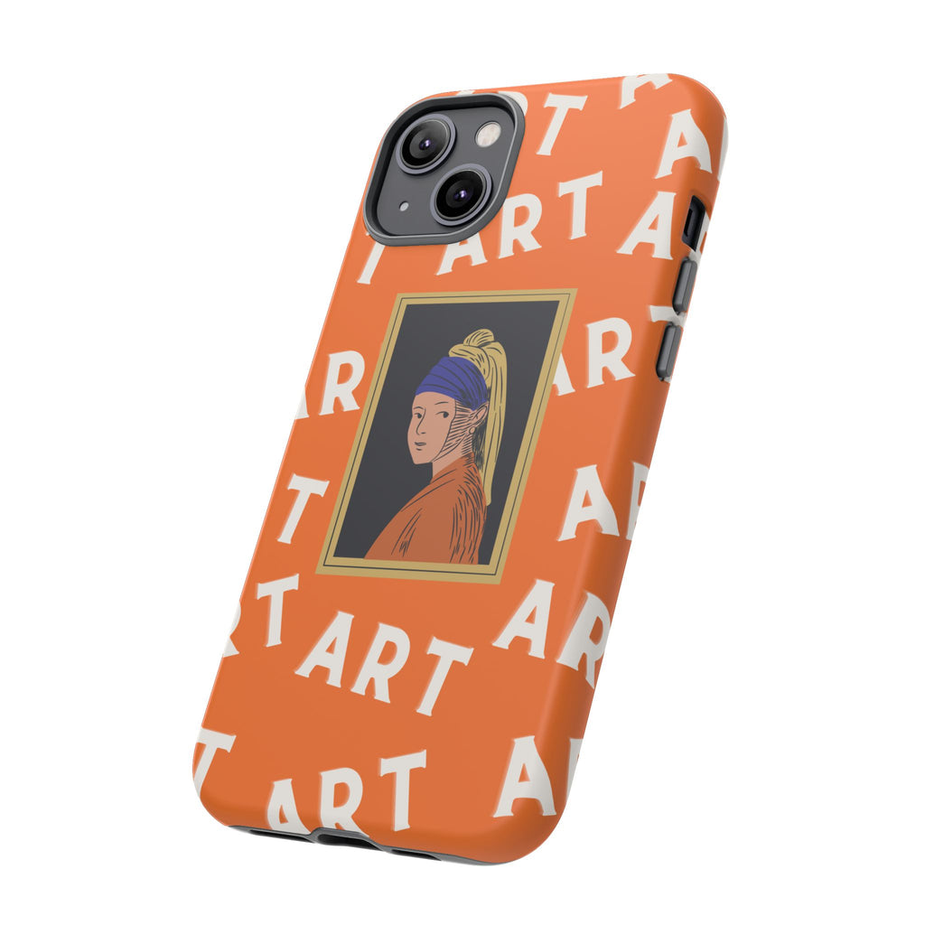 Bold Orange "ART" Pattern with Framed Girl with Pearl Earring Illustration