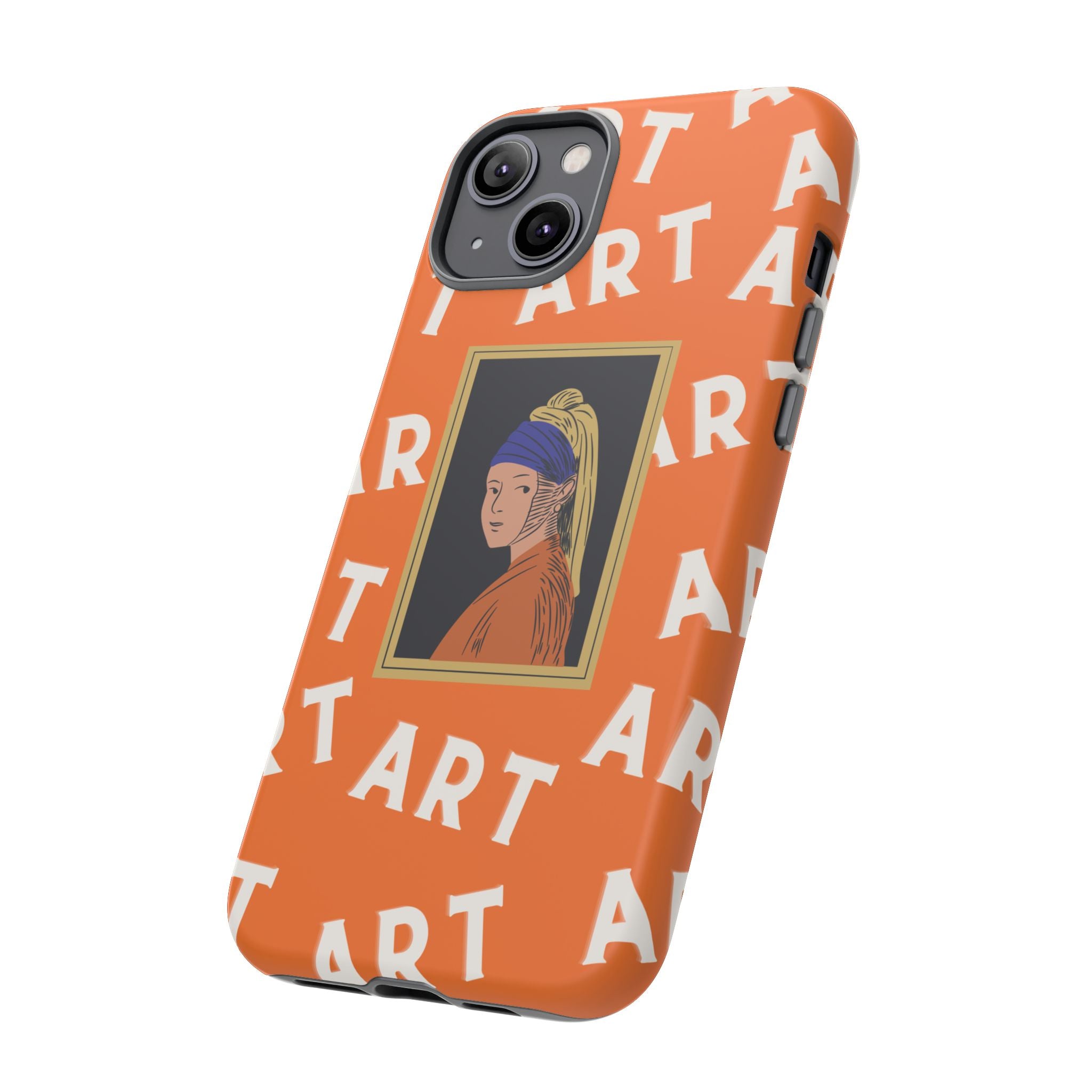 Bold Orange "ART" Pattern with Framed Girl with Pearl Earring Illustration