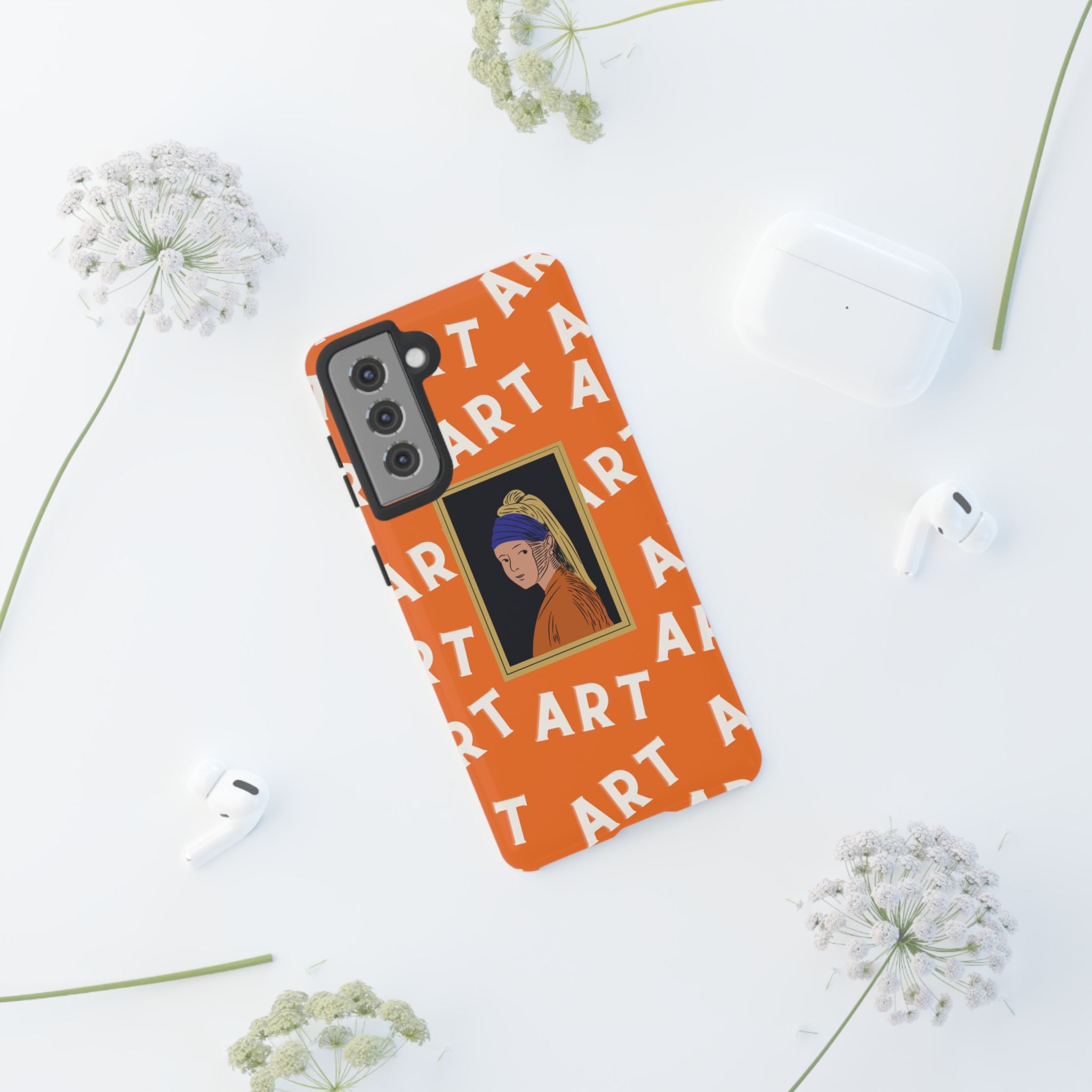 Bold Orange "ART" Pattern with Framed Girl with Pearl Earring Illustration