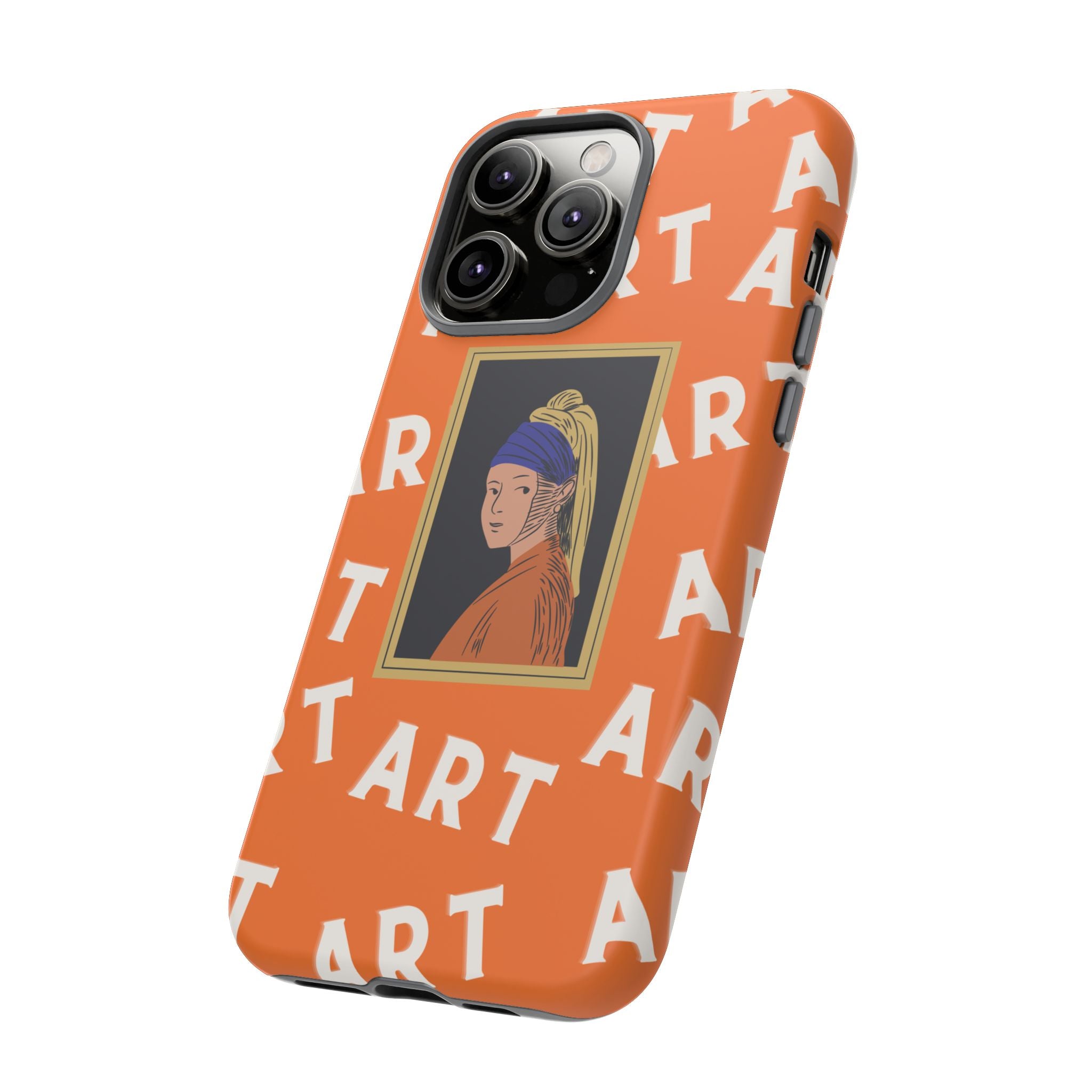 Bold Orange "ART" Pattern with Framed Girl with Pearl Earring Illustration