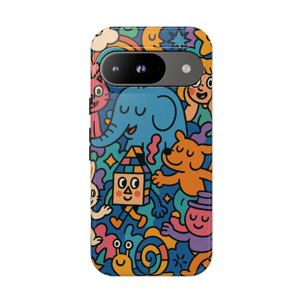 Colorful Doodle Phone Case — Cute Cartoon Animals & Characters