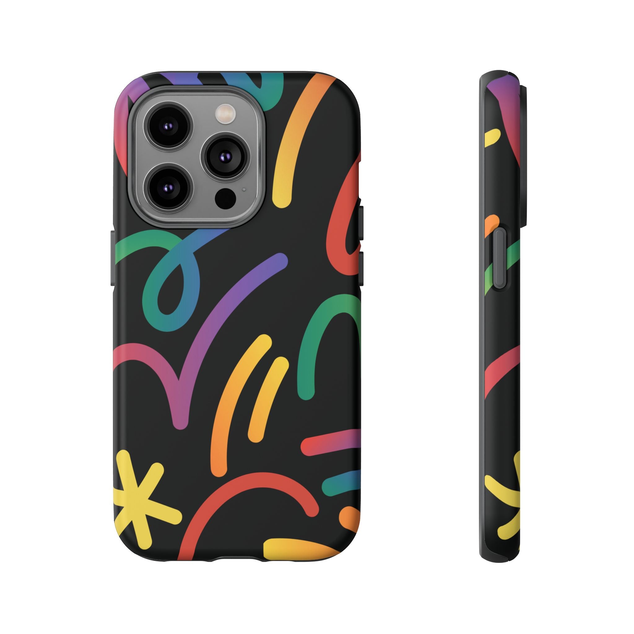 Colorful Doodle Tough Phone Case — Black Background Protective Cover