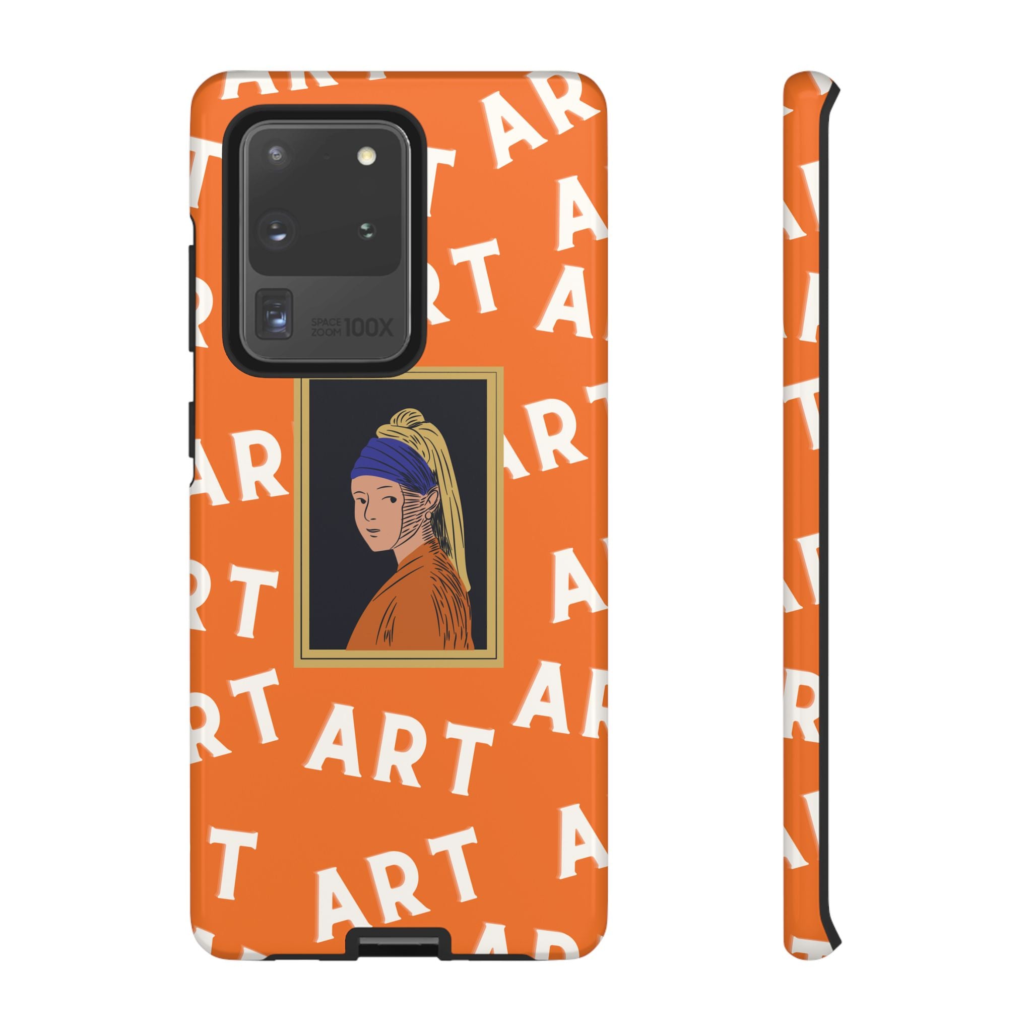 Bold Orange "ART" Pattern with Framed Girl with Pearl Earring Illustration