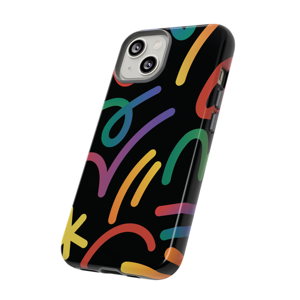 Colorful Doodle Tough Phone Case — Black Background Protective Cover