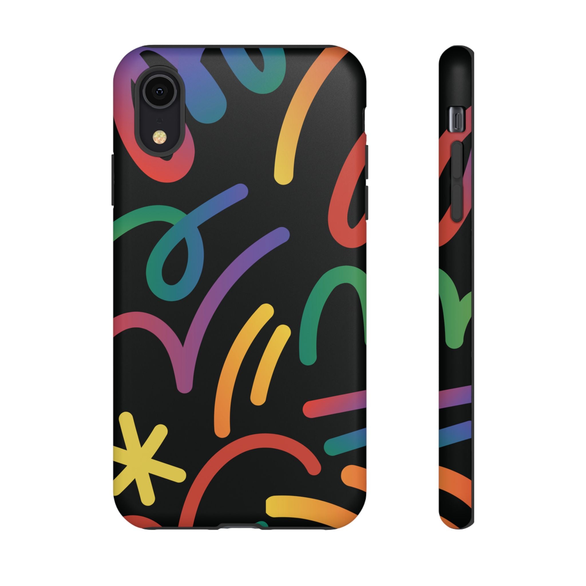 Colorful Doodle Tough Phone Case — Black Background Protective Cover