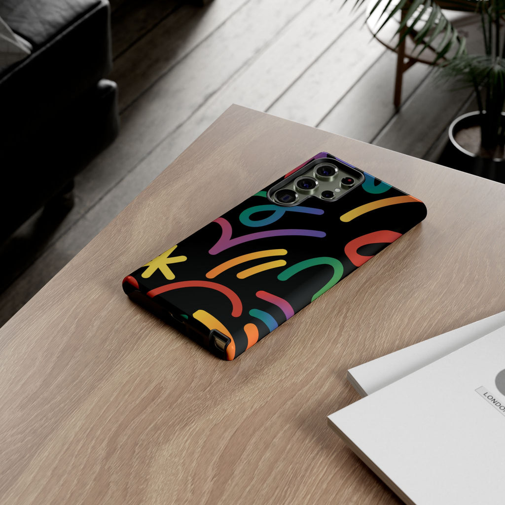 Colorful Doodle Tough Phone Case — Black Background Protective Cover
