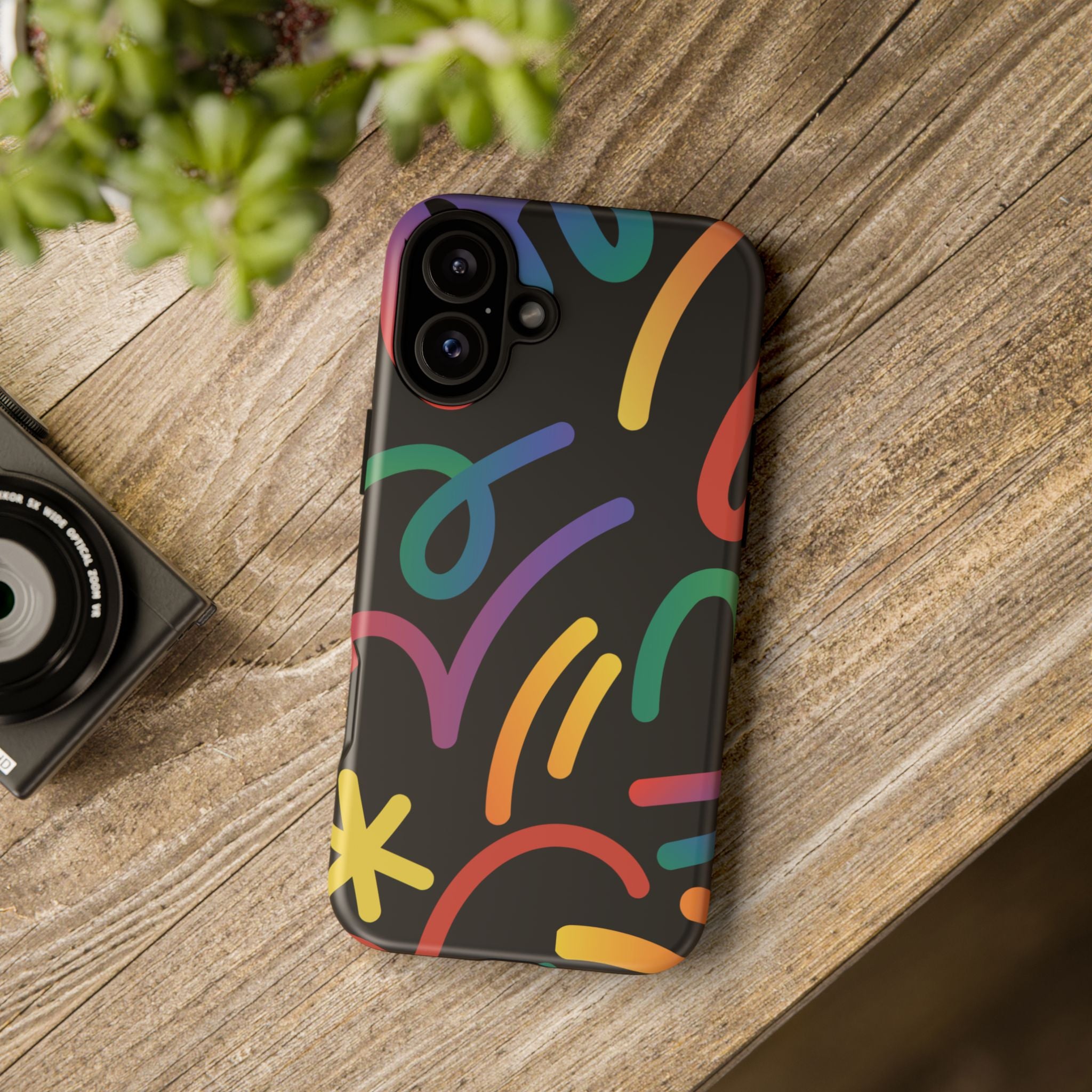 Colorful Doodle Tough Phone Case — Black Background Protective Cover