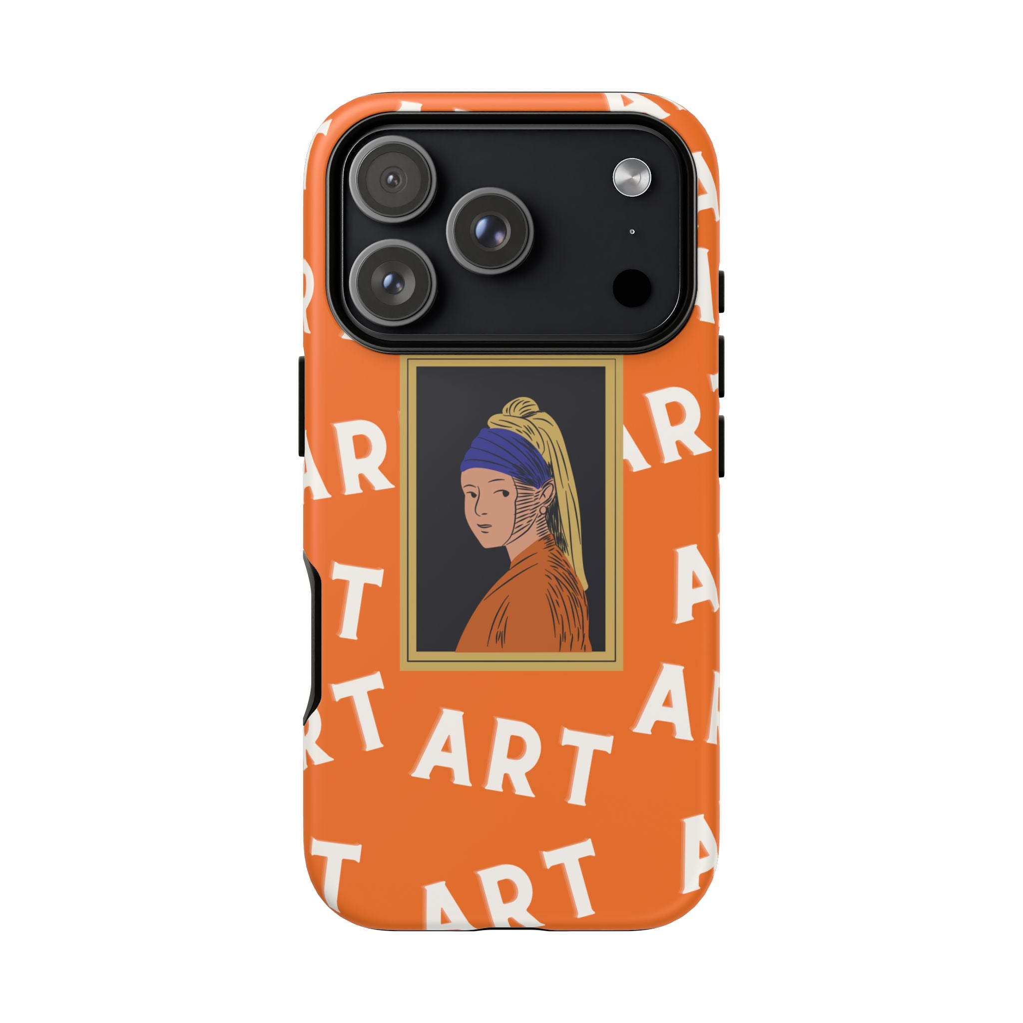 Bold Orange "ART" Pattern with Framed Girl with Pearl Earring Illustration