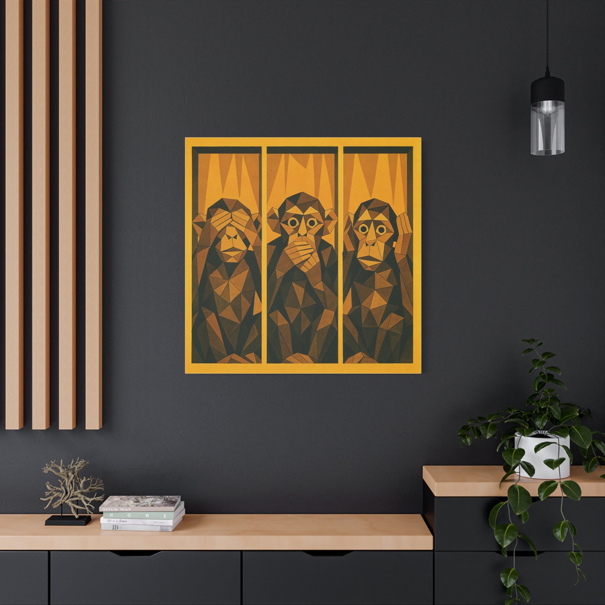 Three Wise Monkeys Matte Canvas Wall Art – Geometric Trio Stretched Print