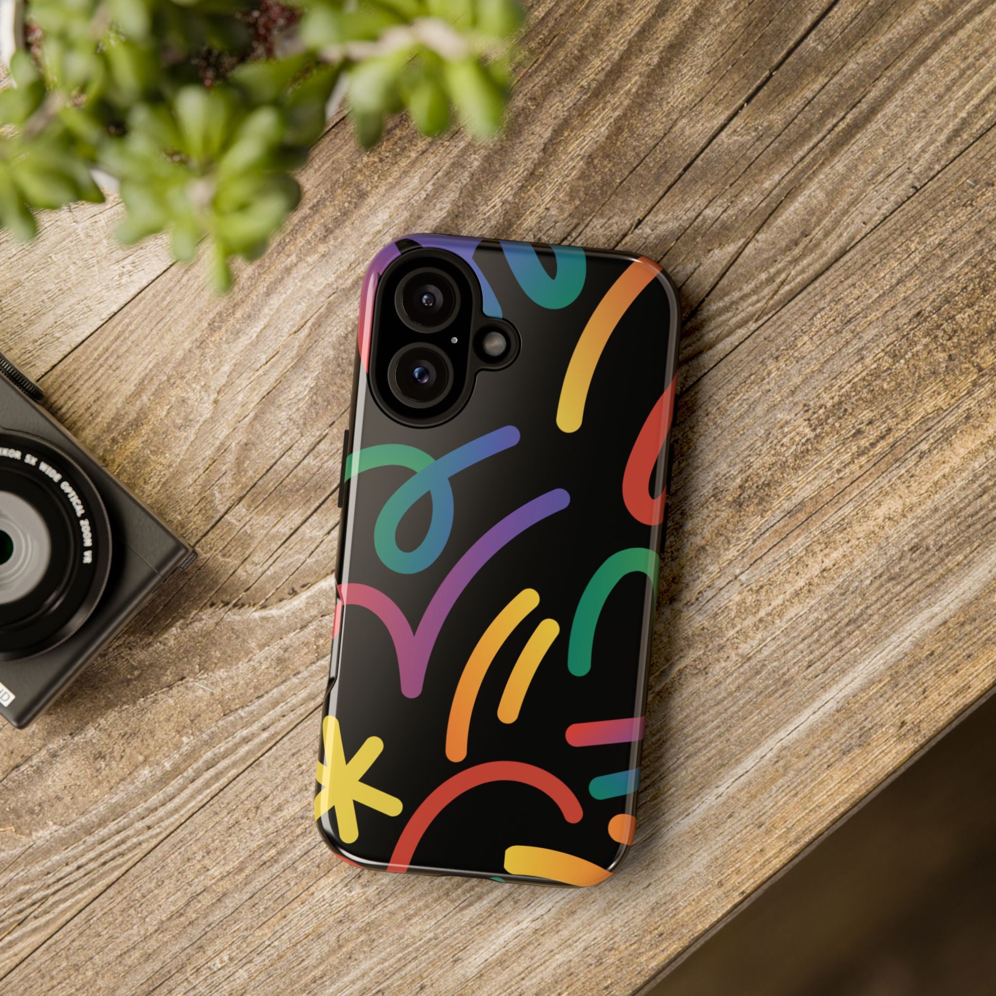 Colorful Doodle Tough Phone Case — Black Background Protective Cover