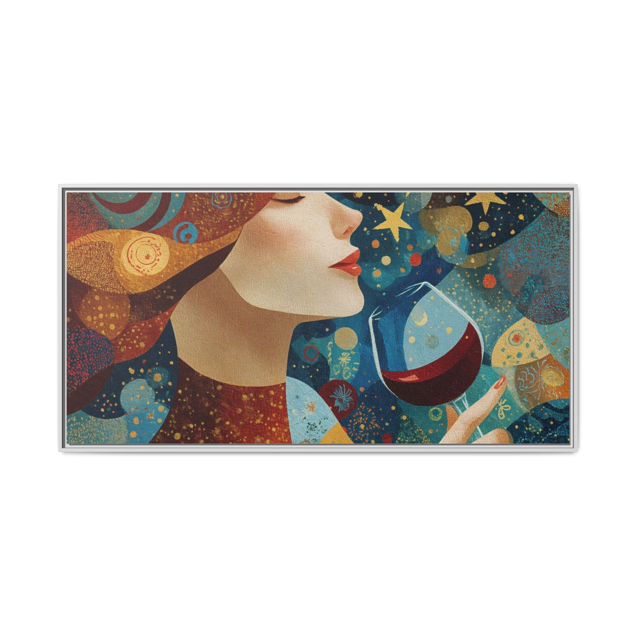 Wine Night Framed Canvas Art — Colorful Woman Drinking Wine Wall Decor
