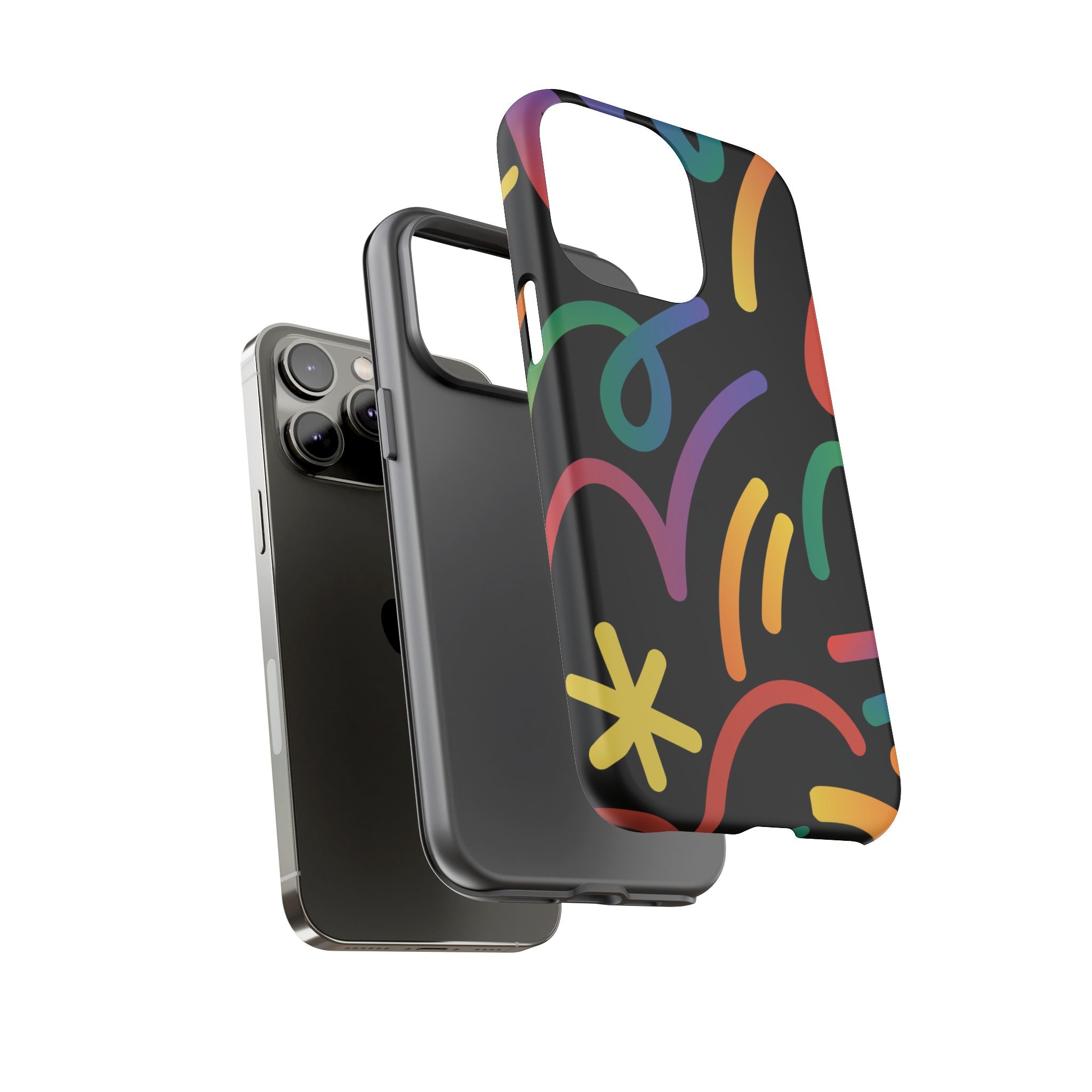 Colorful Doodle Tough Phone Case — Black Background Protective Cover