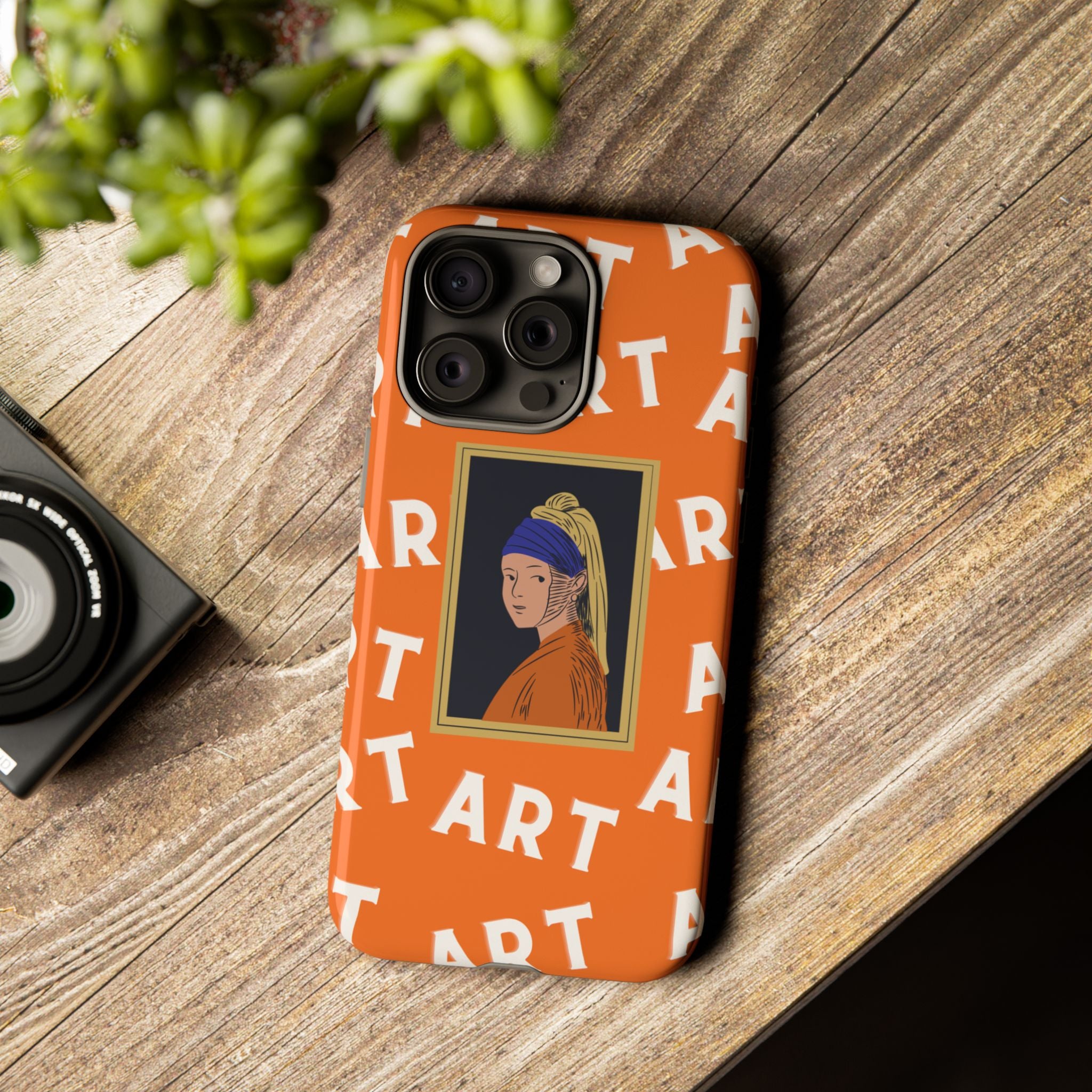 Bold Orange "ART" Pattern with Framed Girl with Pearl Earring Illustration