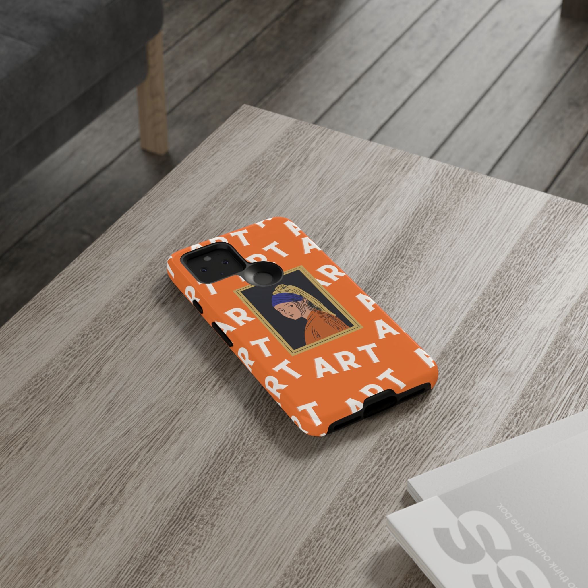 Bold Orange "ART" Pattern with Framed Girl with Pearl Earring Illustration
