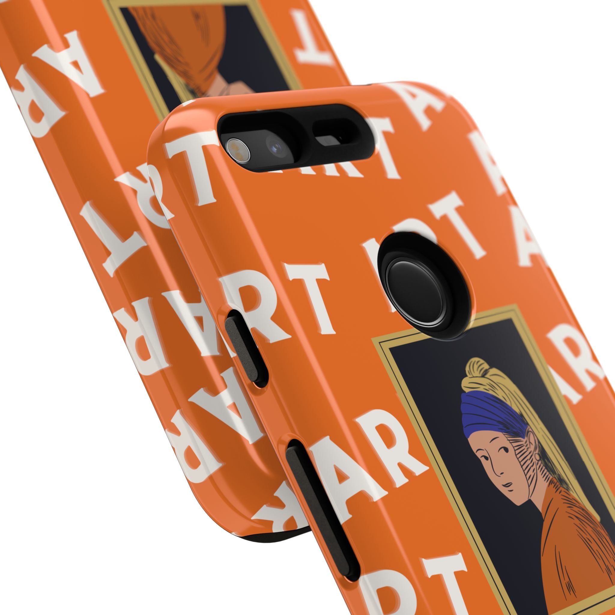 Bold Orange "ART" Pattern with Framed Girl with Pearl Earring Illustration