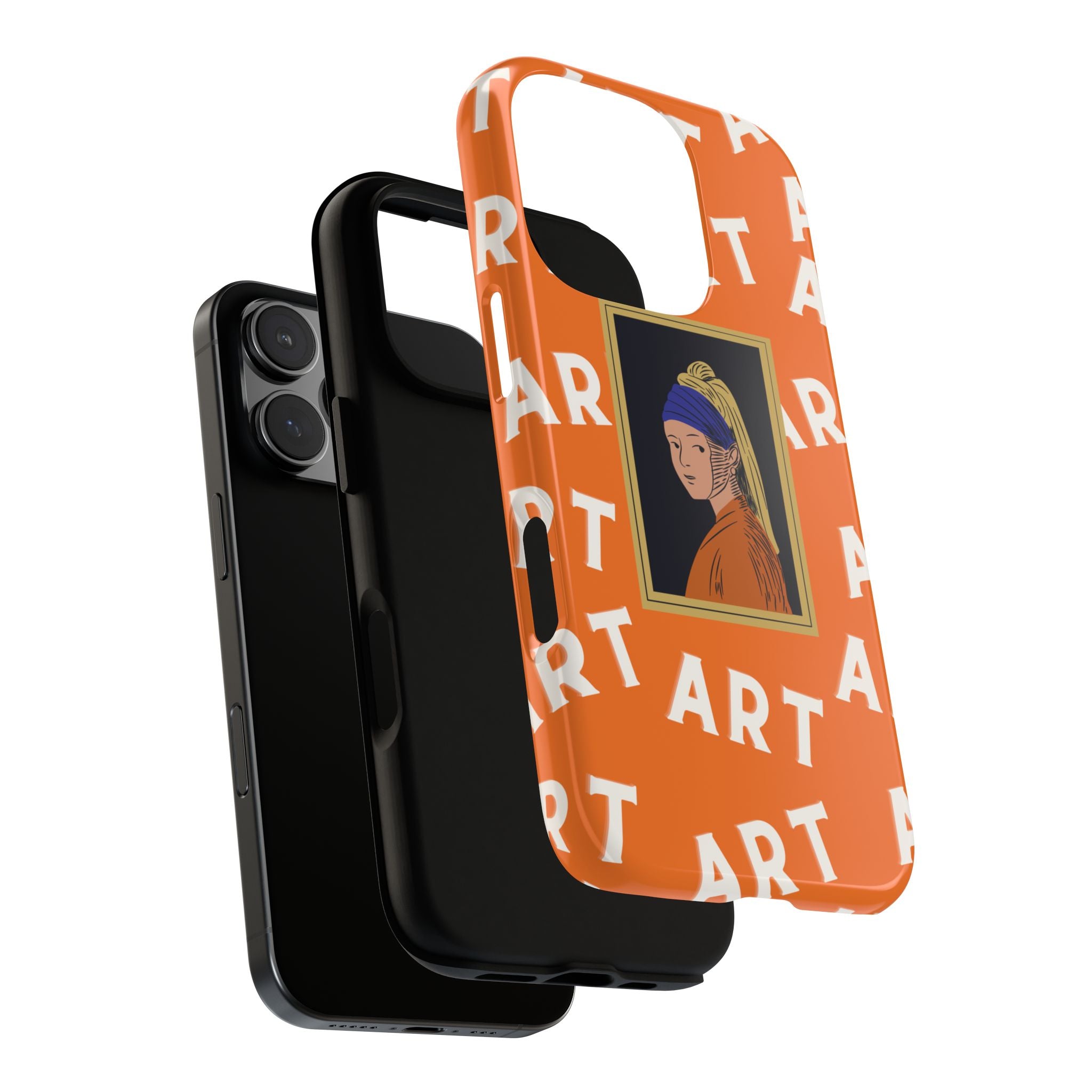 Bold Orange "ART" Pattern with Framed Girl with Pearl Earring Illustration