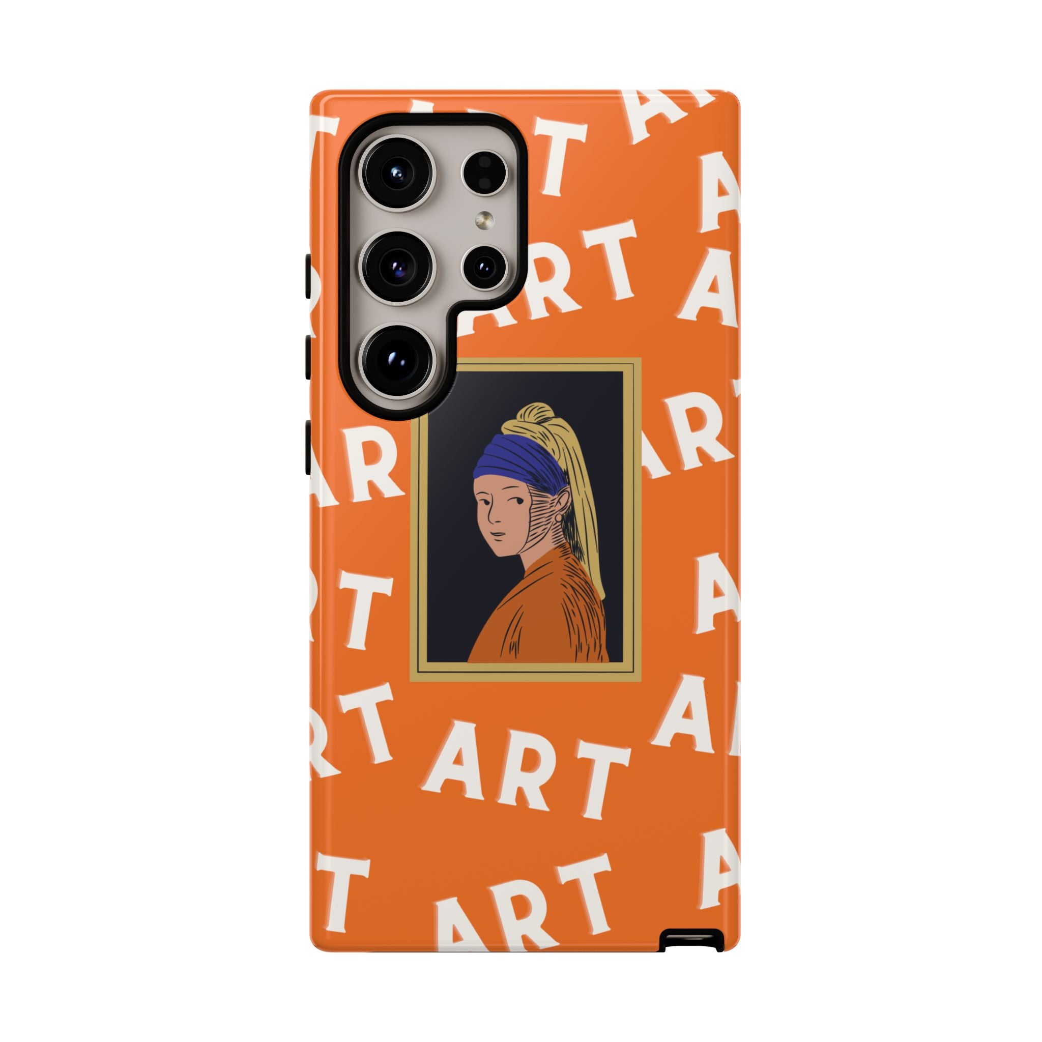 Bold Orange "ART" Pattern with Framed Girl with Pearl Earring Illustration