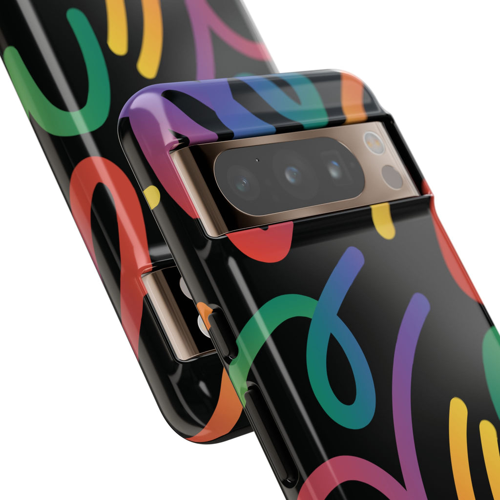 Colorful Doodle Tough Phone Case — Black Background Protective Cover