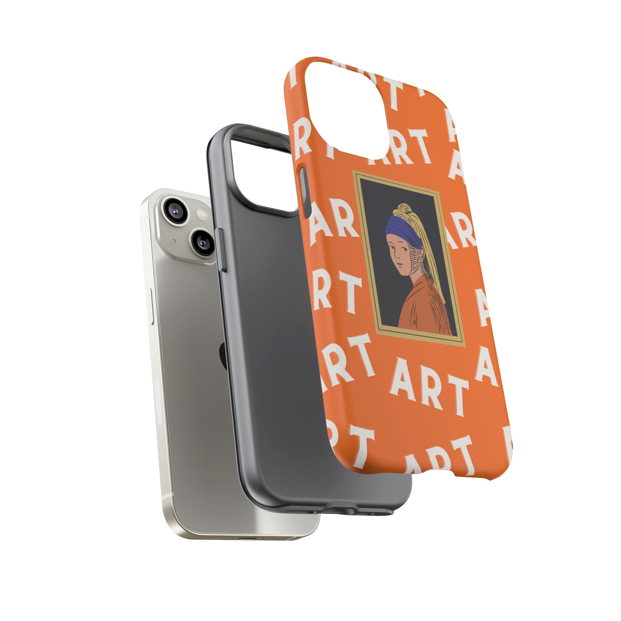 Bold Orange "ART" Pattern with Framed Girl with Pearl Earring Illustration