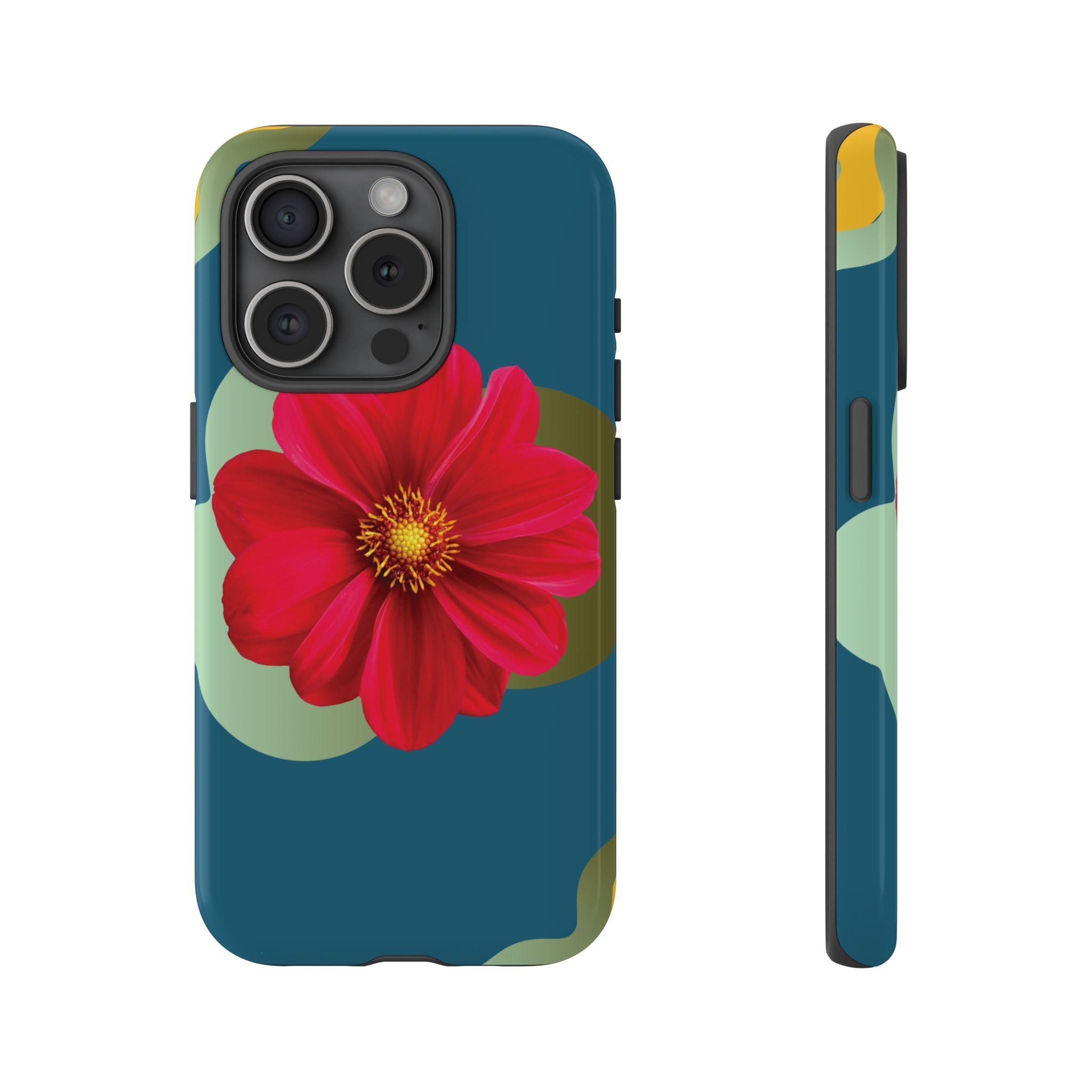 Floral Burst Tough Phone Case — Red Flower on Teal Protective Cover