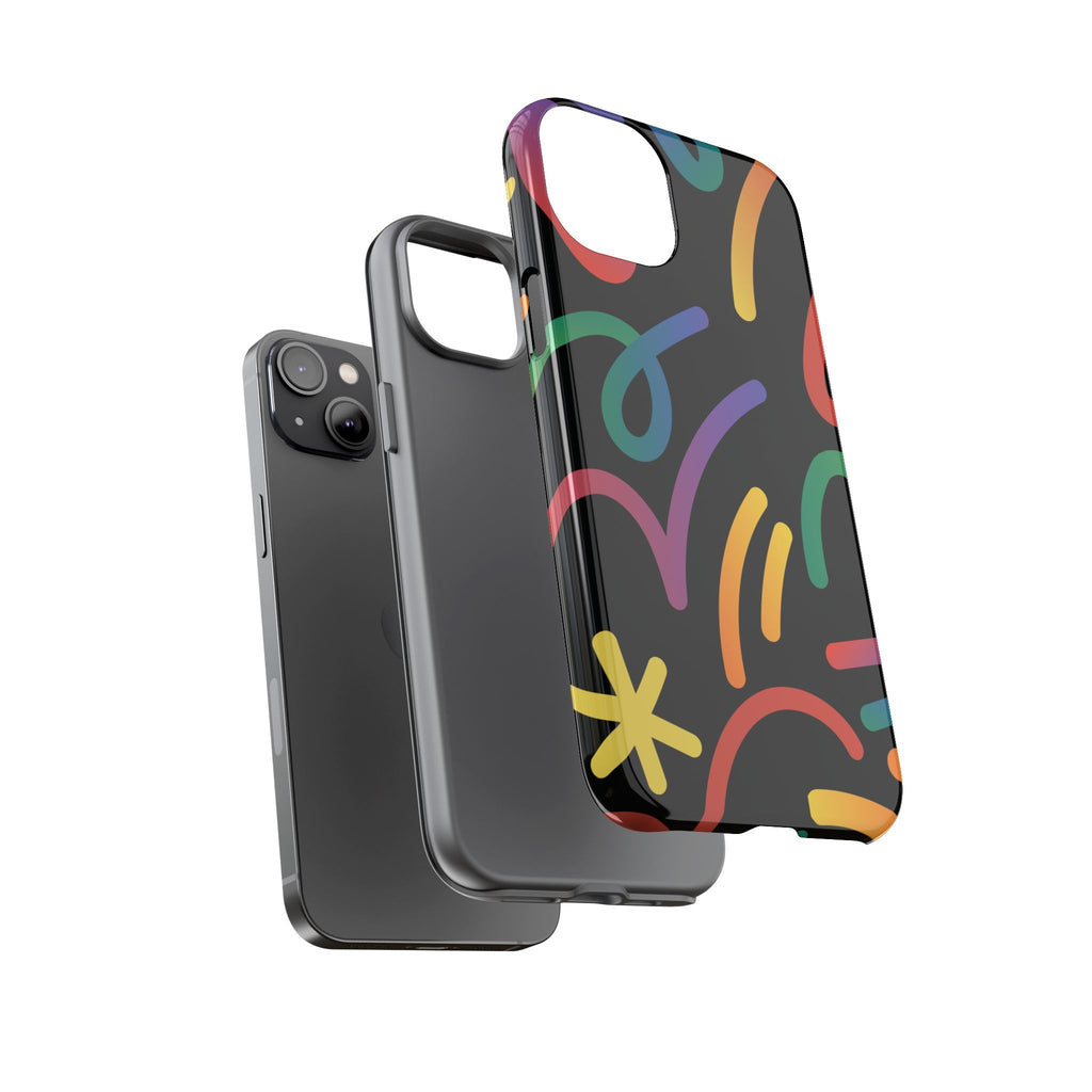 Colorful Doodle Tough Phone Case — Black Background Protective Cover