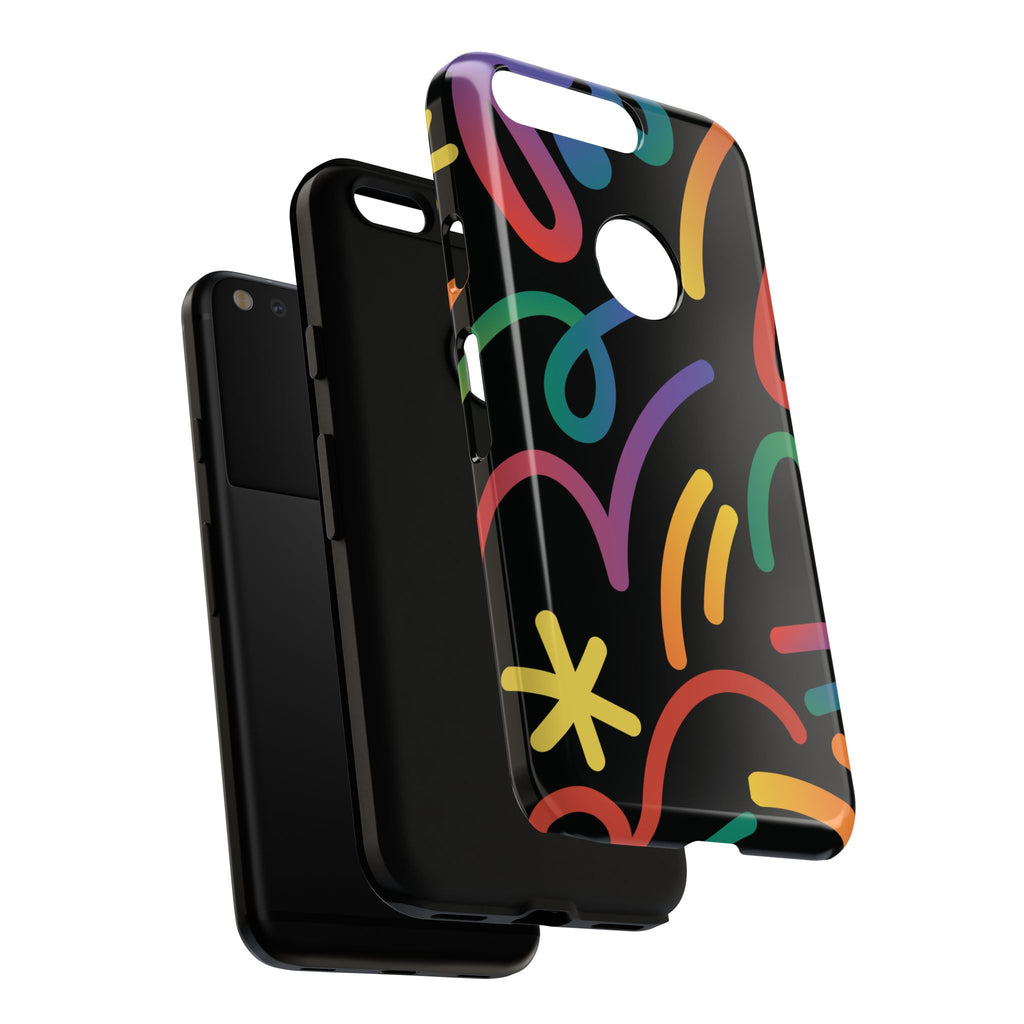 Colorful Doodle Tough Phone Case — Black Background Protective Cover