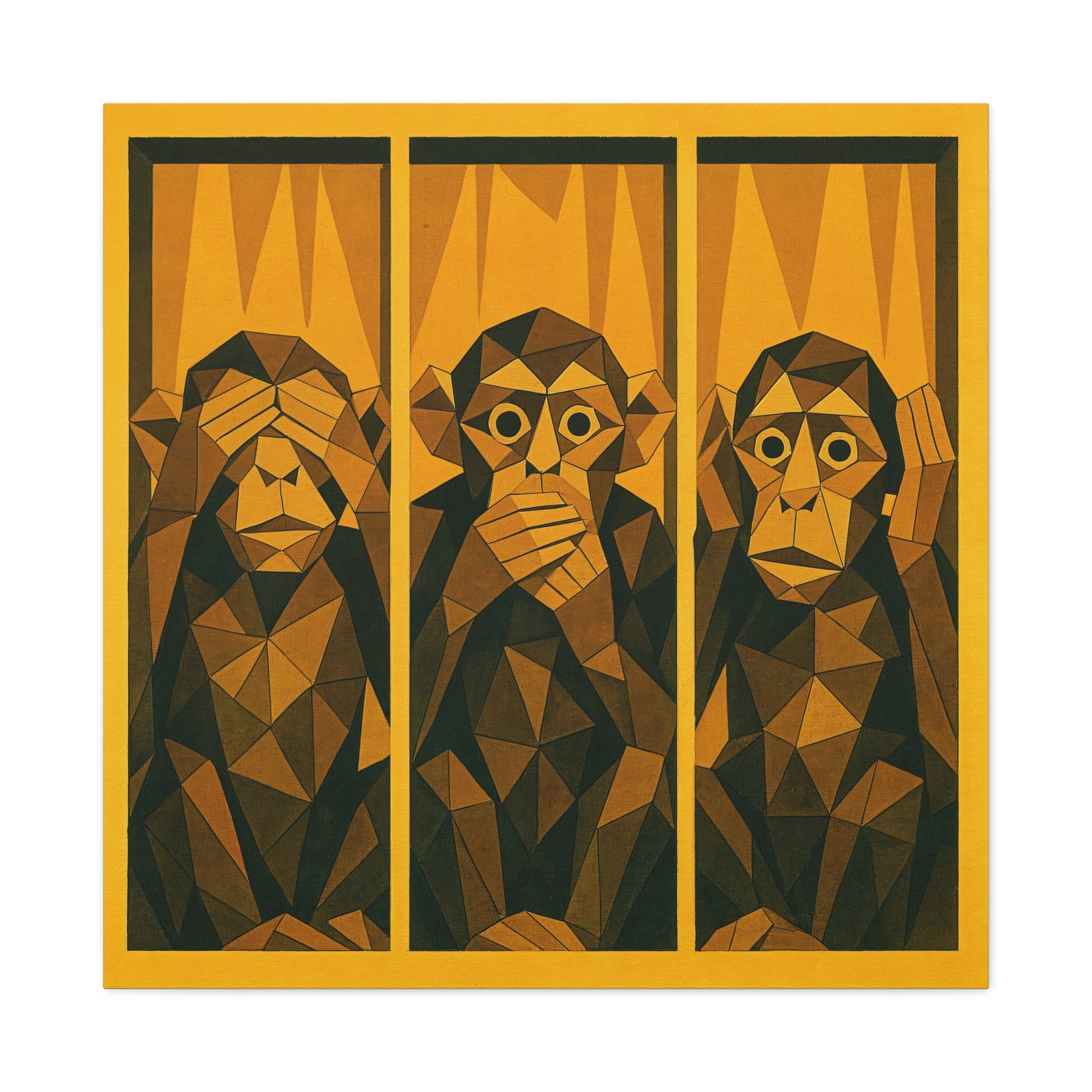 Three Wise Monkeys Matte Canvas Wall Art – Geometric Trio Stretched Print