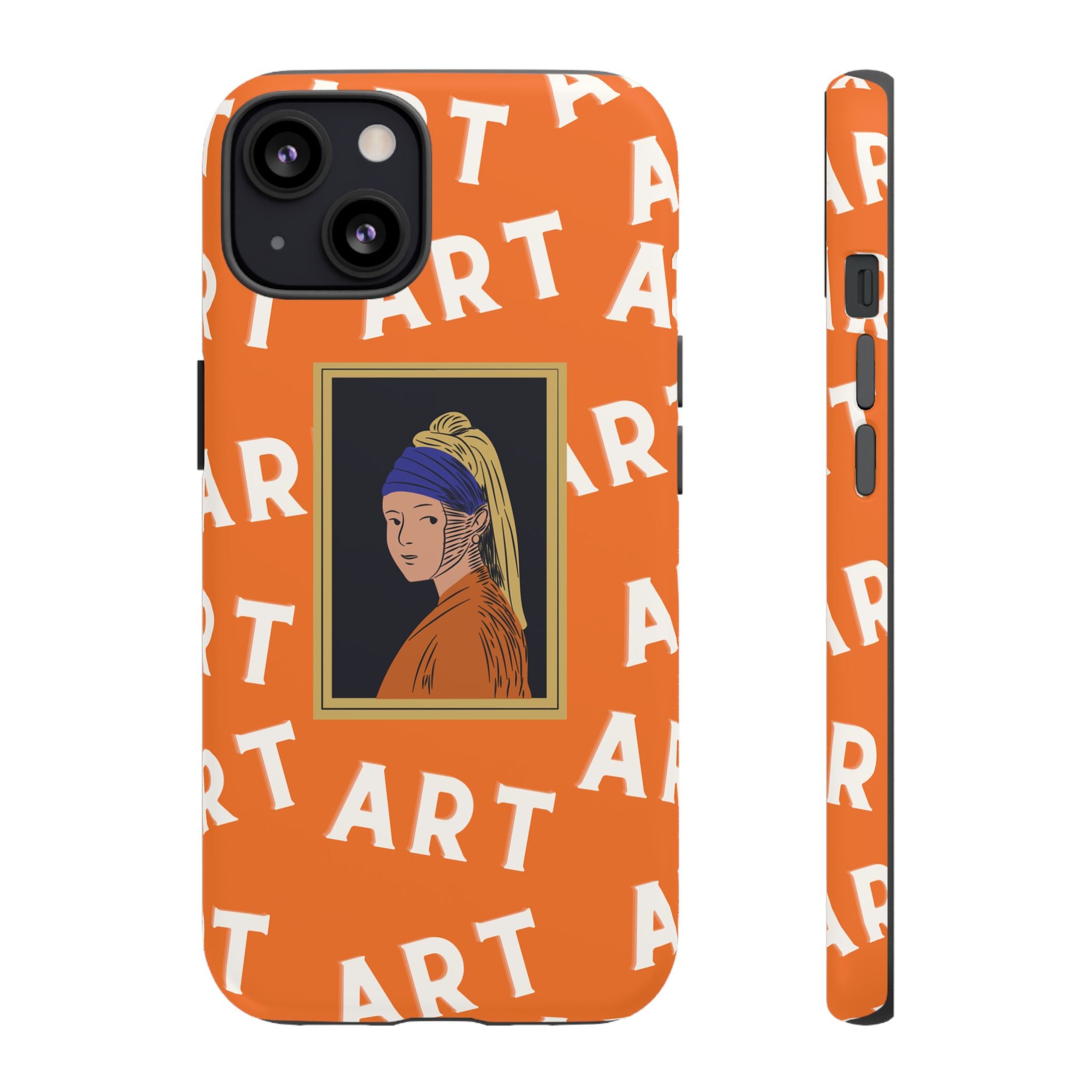 Bold Orange "ART" Pattern with Framed Girl with Pearl Earring Illustration