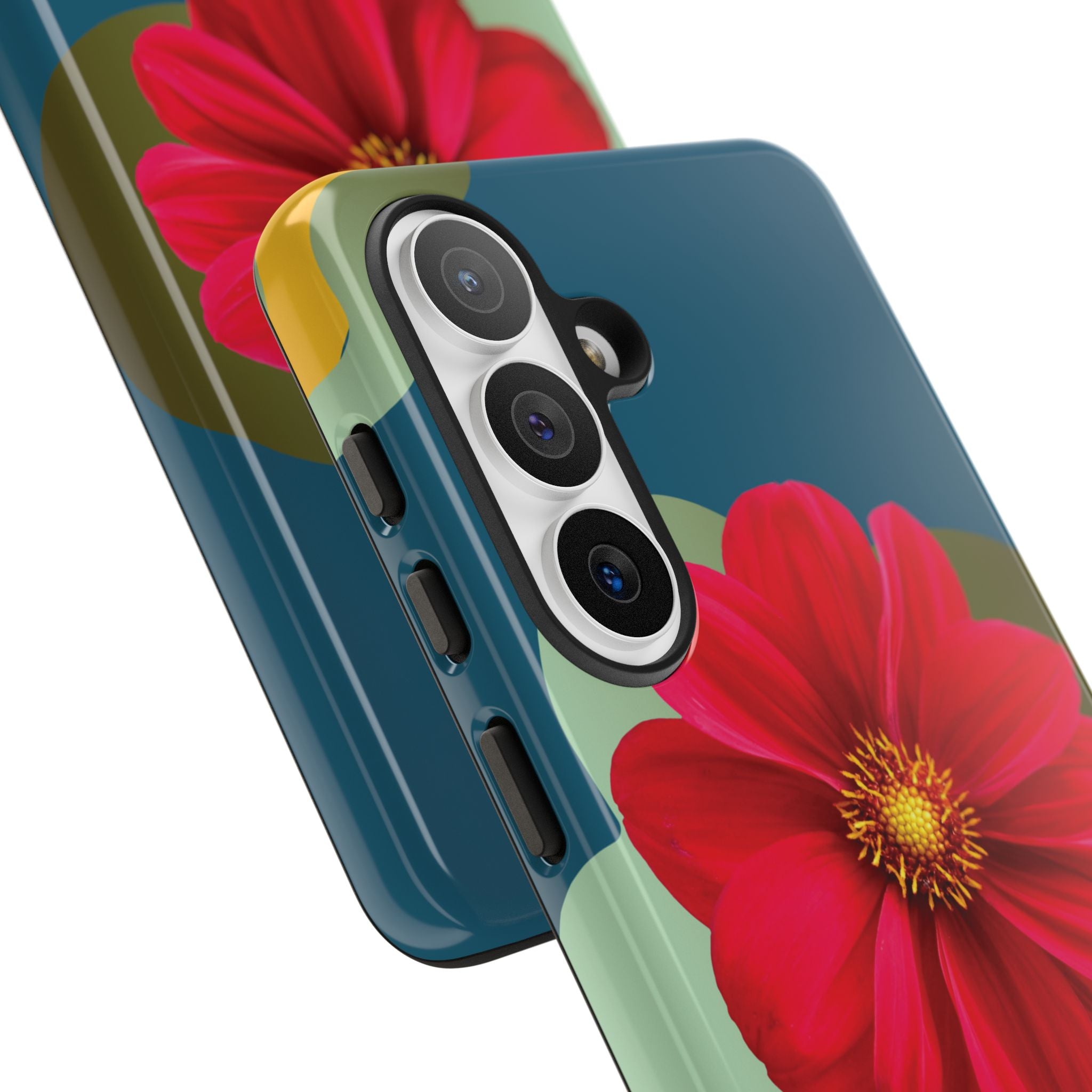 Floral Burst Tough Phone Case — Red Flower on Teal Protective Cover