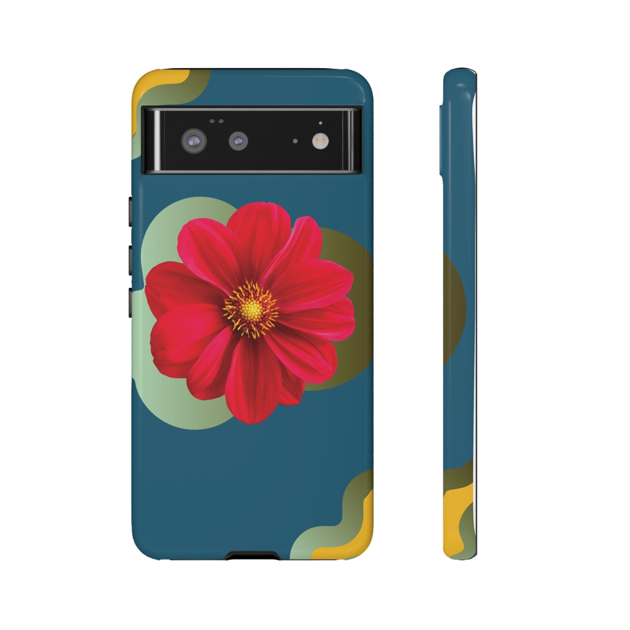 Floral Burst Tough Phone Case — Red Flower on Teal Protective Cover