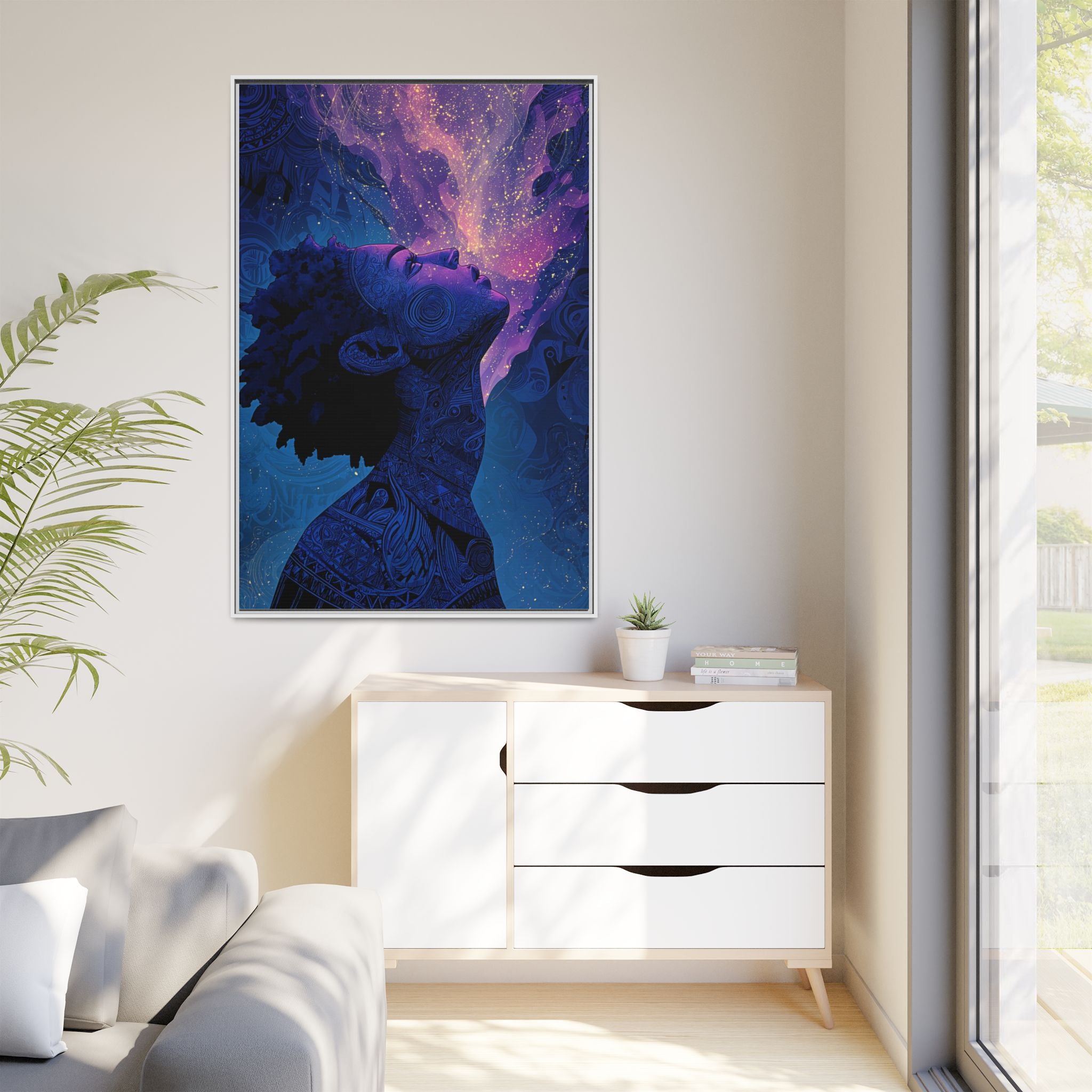 Cosmic Breath Portrait, Multicolor Galaxy Wall Print — Framed Matte Canvas Art