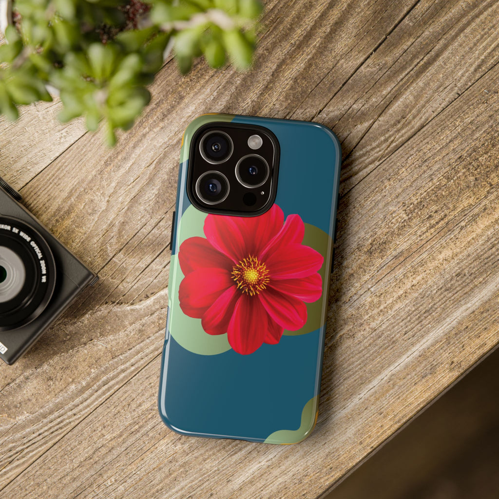 Floral Burst Tough Phone Case — Red Flower on Teal Protective Cover