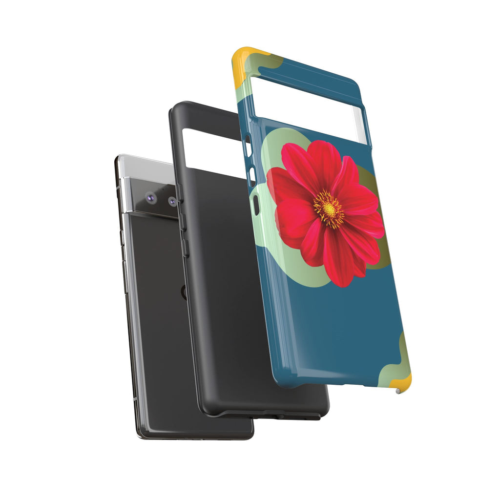 Floral Burst Tough Phone Case — Red Flower on Teal Protective Cover