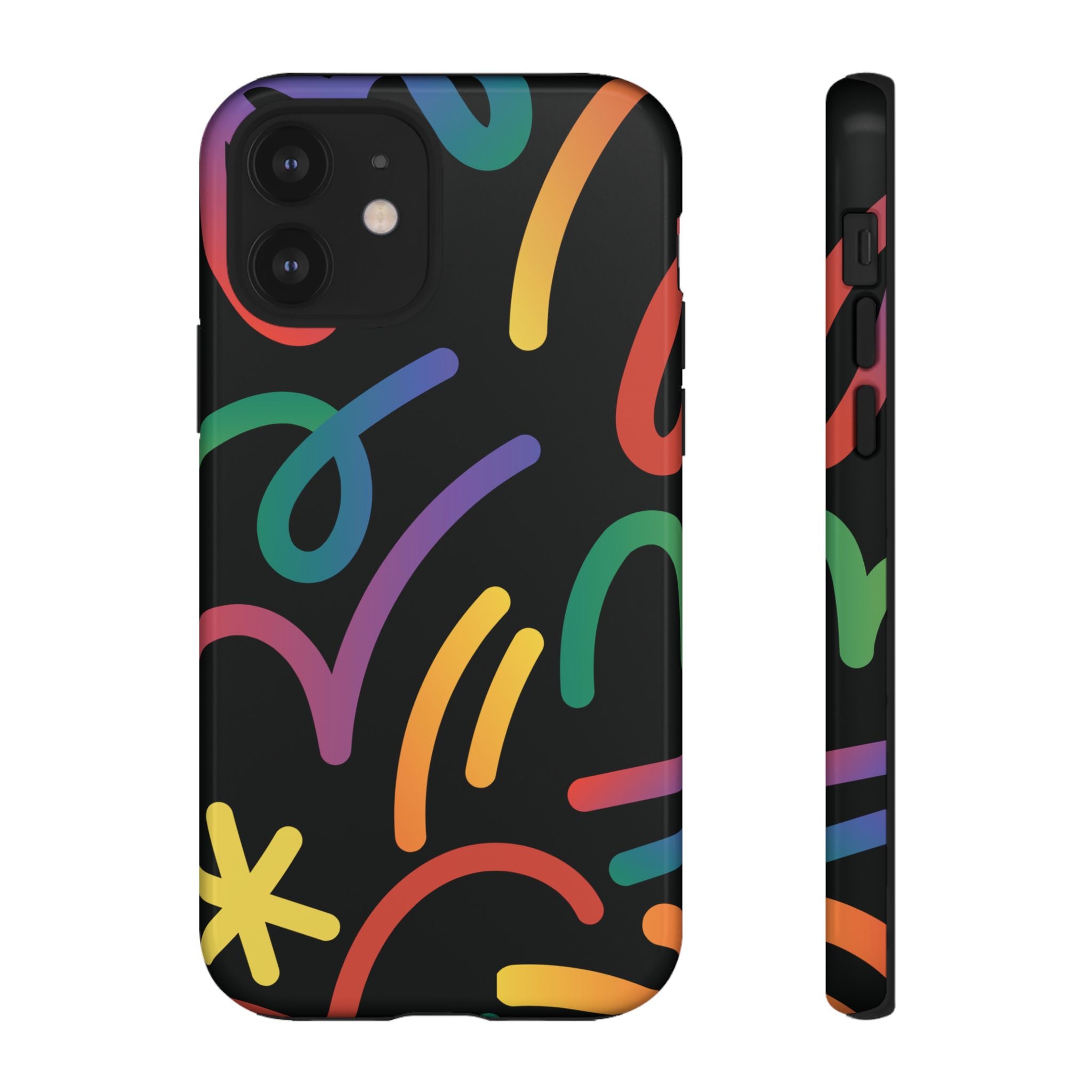 Colorful Doodle Tough Phone Case — Black Background Protective Cover