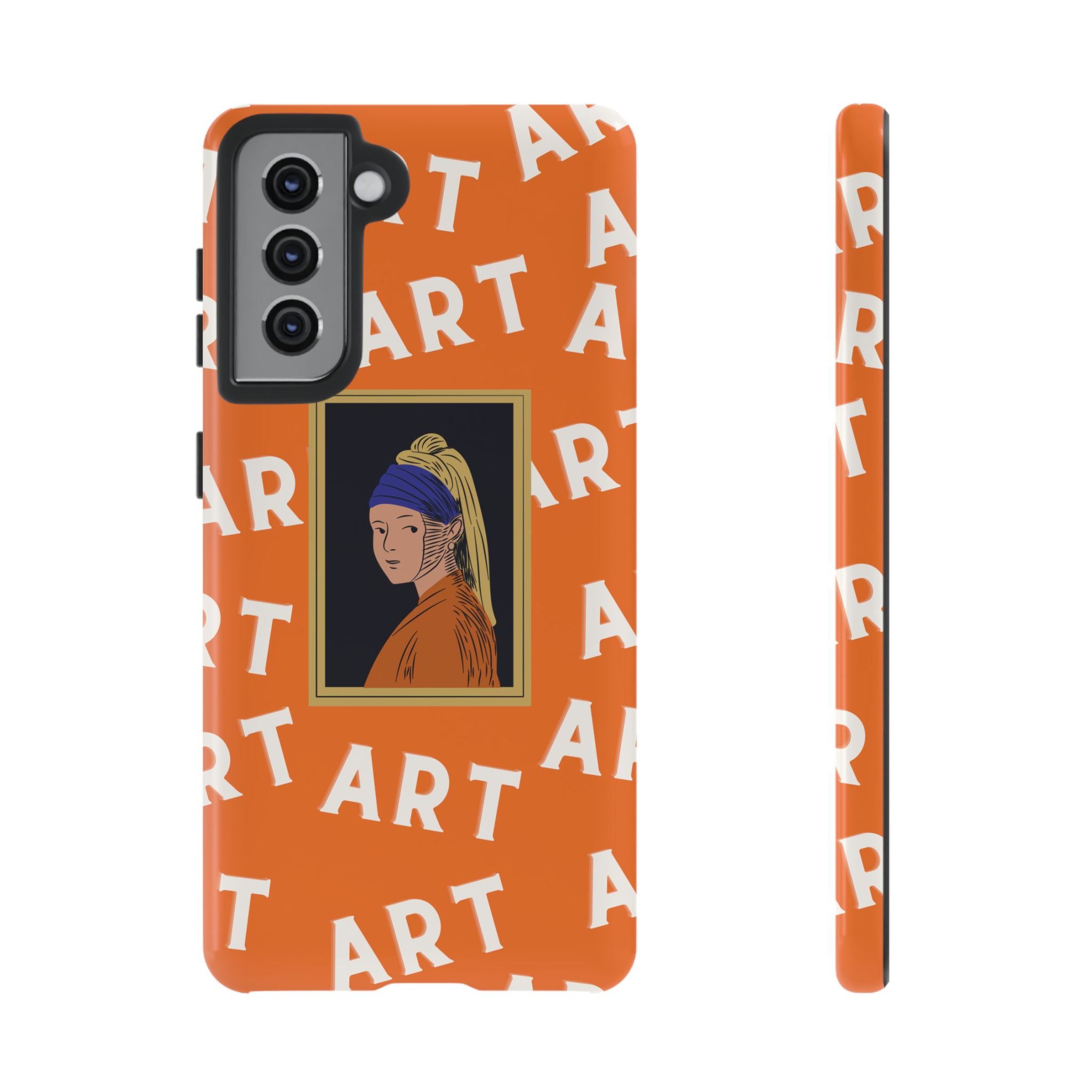 Bold Orange "ART" Pattern with Framed Girl with Pearl Earring Illustration