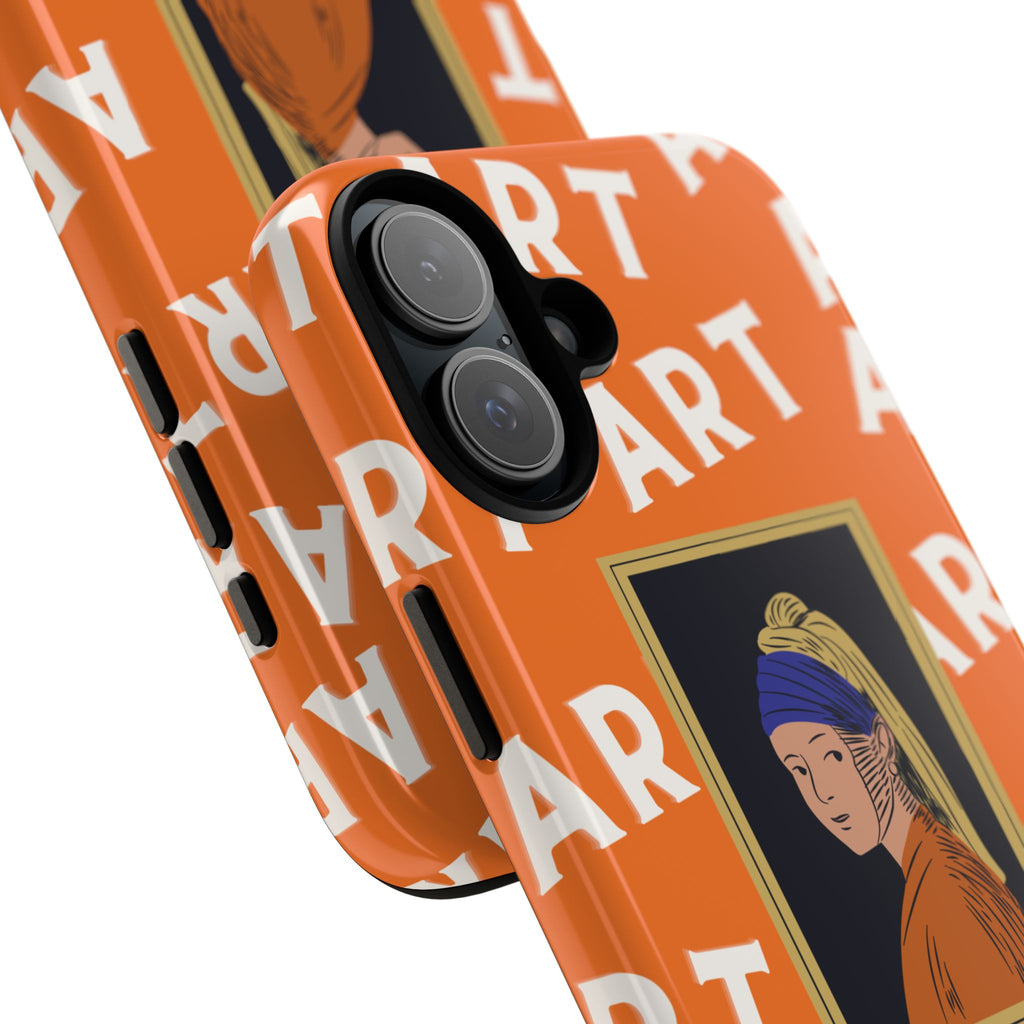 Bold Orange "ART" Pattern with Framed Girl with Pearl Earring Illustration