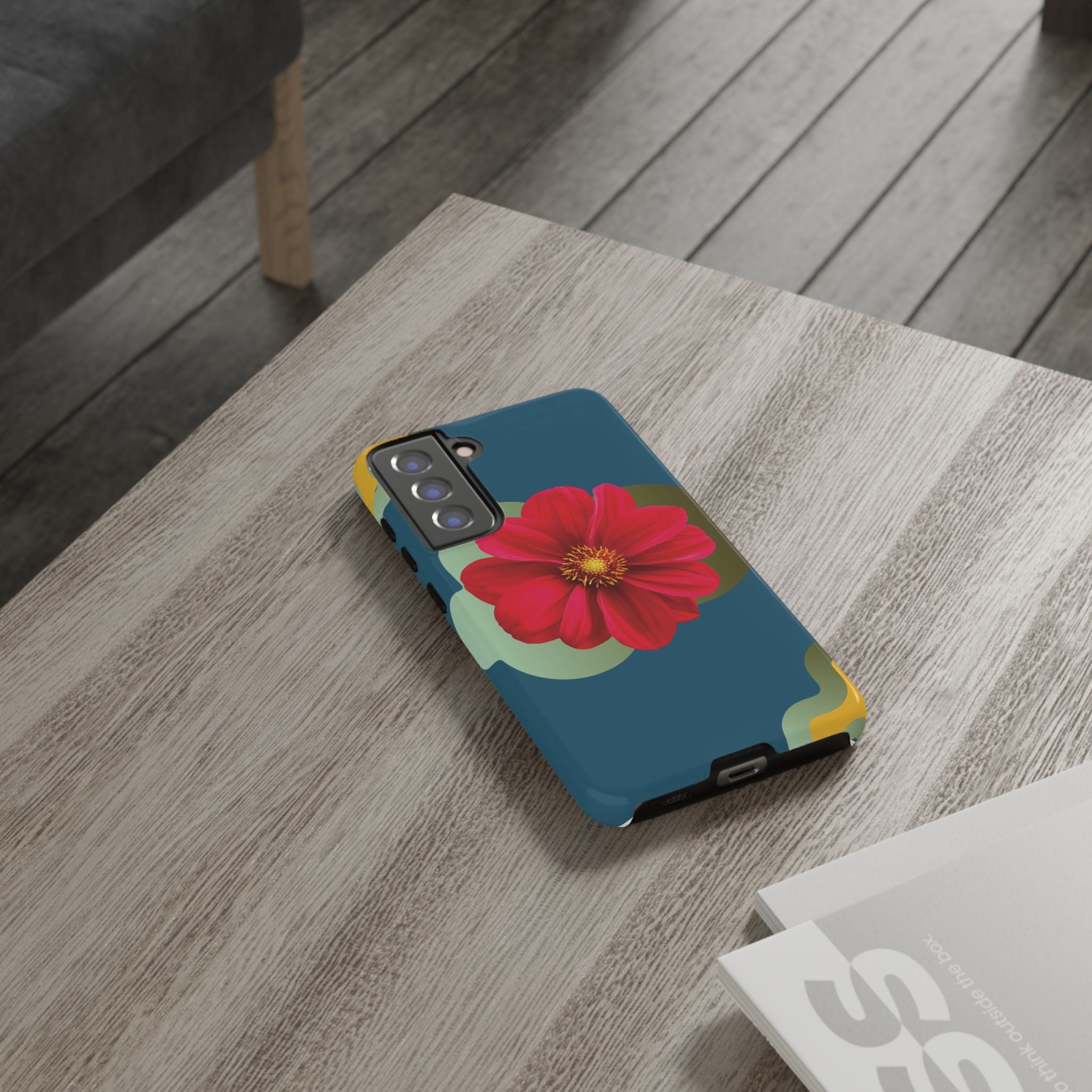 Floral Burst Tough Phone Case — Red Flower on Teal Protective Cover