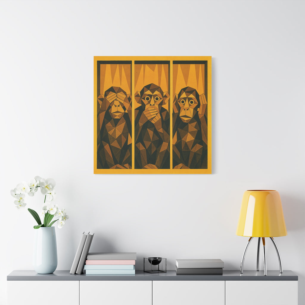 Three Wise Monkeys Matte Canvas Wall Art – Geometric Trio Stretched Print