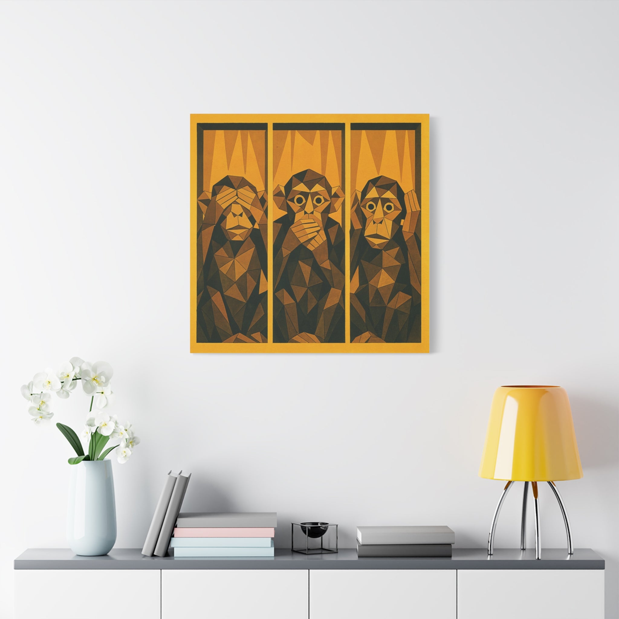Three Wise Monkeys Matte Canvas Wall Art – Geometric Trio Stretched Print
