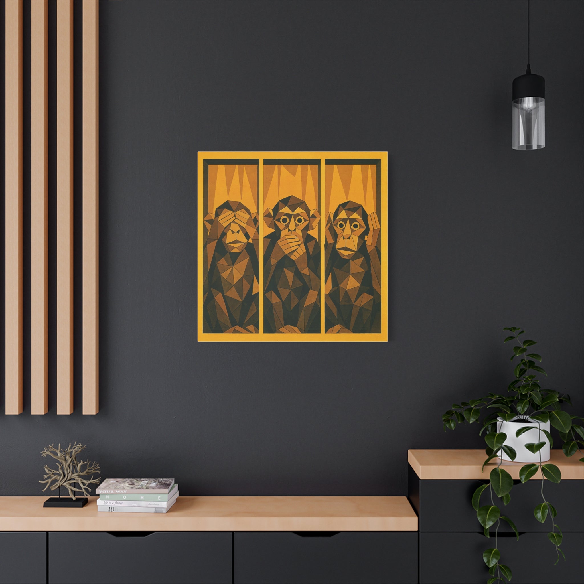 Three Wise Monkeys Matte Canvas Wall Art – Geometric Trio Stretched Print