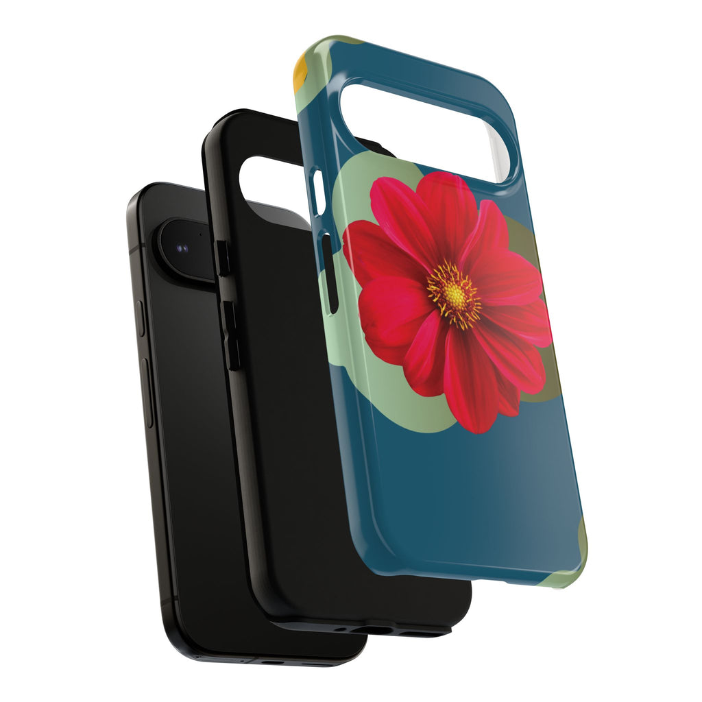 Floral Burst Tough Phone Case — Red Flower on Teal Protective Cover